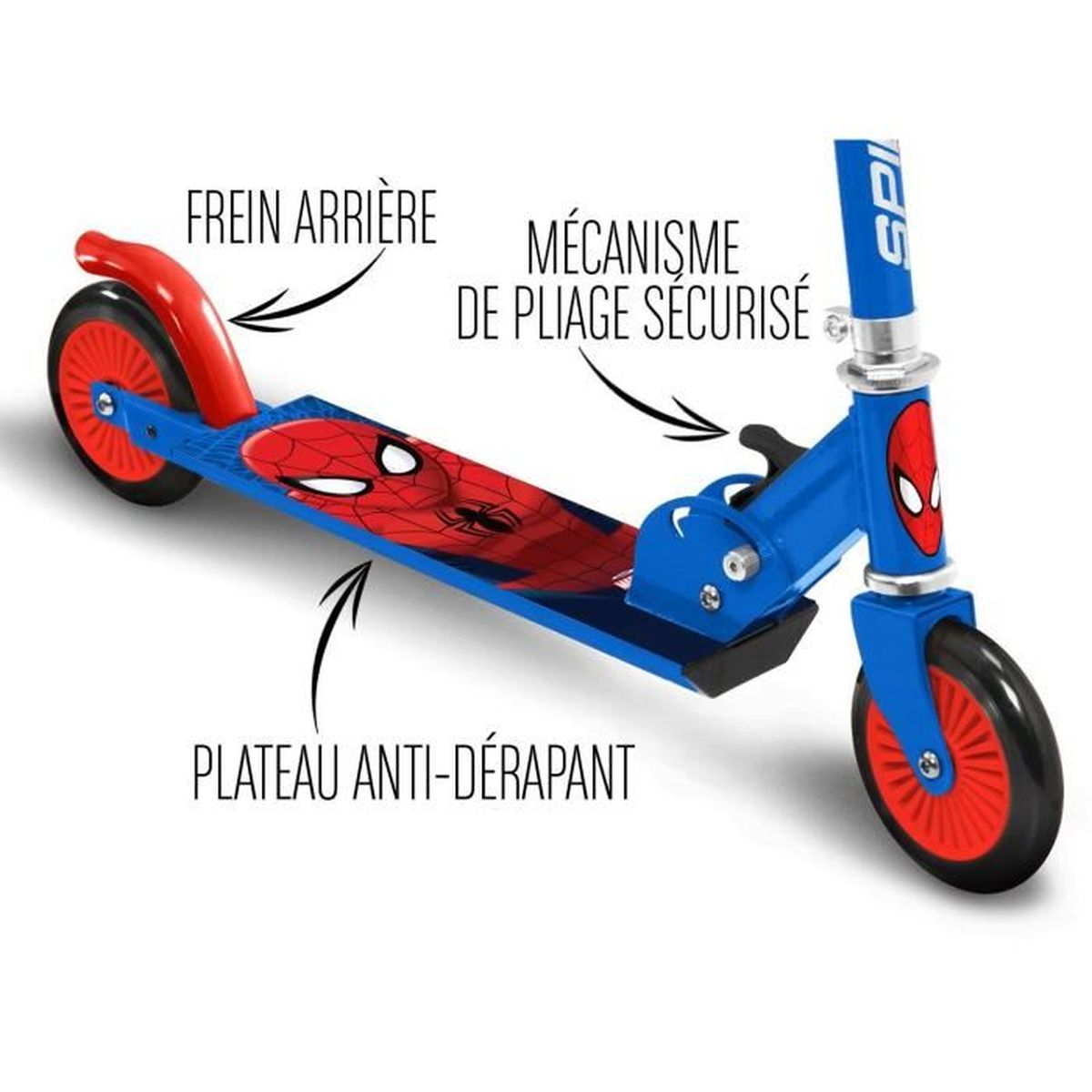Ein blauer Roller mit Spiderman-Motiv, hinterem Bremssystem und rutschfestem Trittbrett.