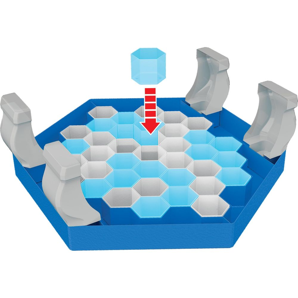Ein blaues Eisbrecher-Spiel mit sechseckigen Feldern und vier grauen Pinguinen.