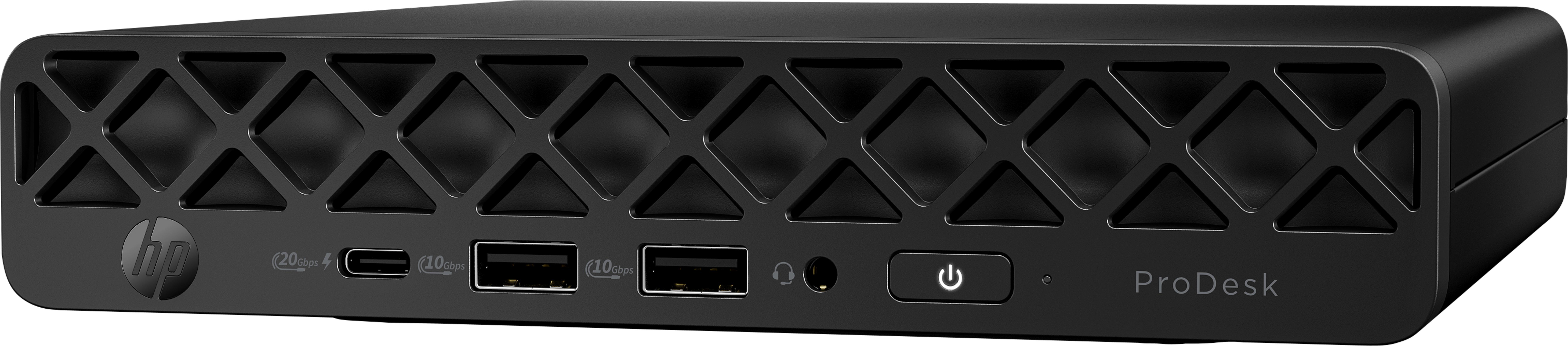 Mini PC HP ProDesk nero con USB-C, USB-A, jack cuffie e pulsante di accensione.