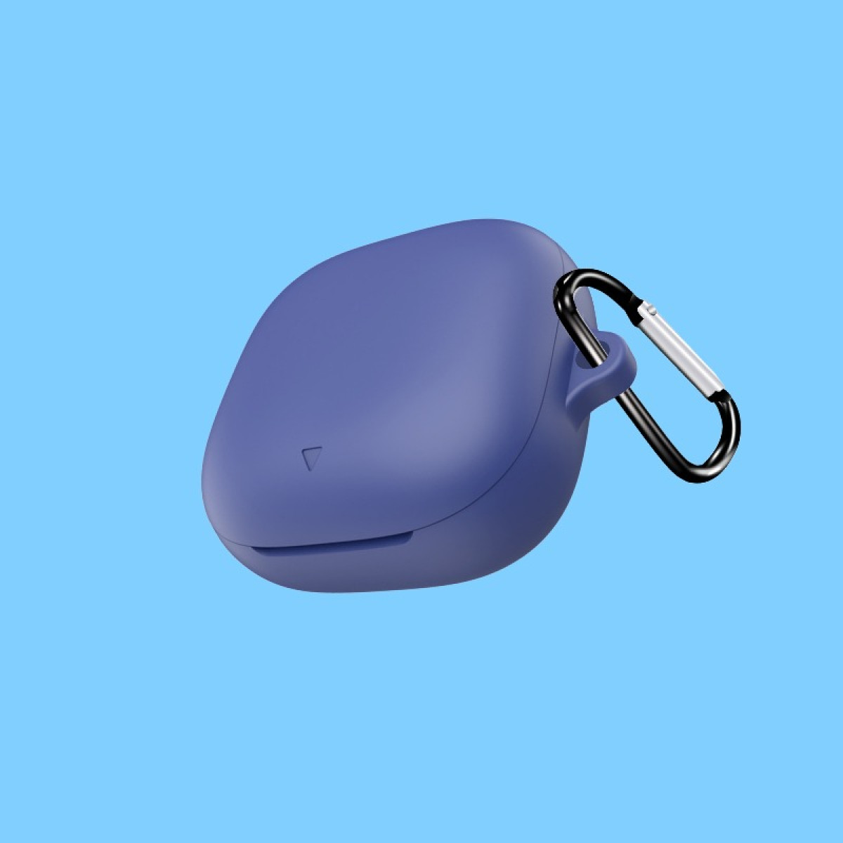 Lila Kopfhörerhülle mit Karabinerhaken vor blauem Hintergrund.