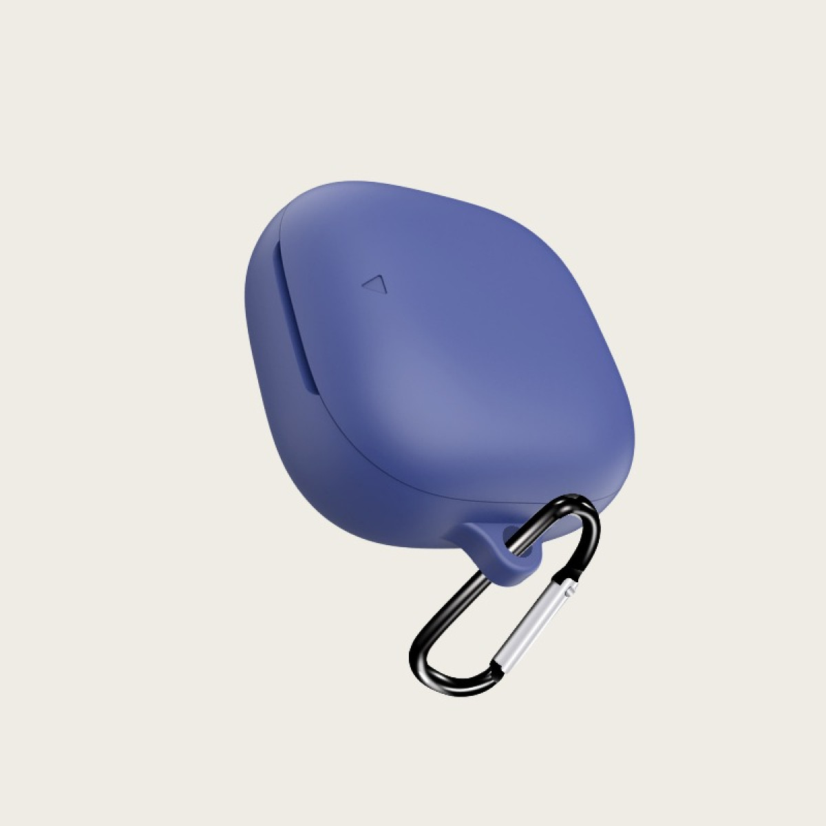 Blaue Hülle für kabellose Ohrhörer mit Karabiner, auf hellem Hintergrund.