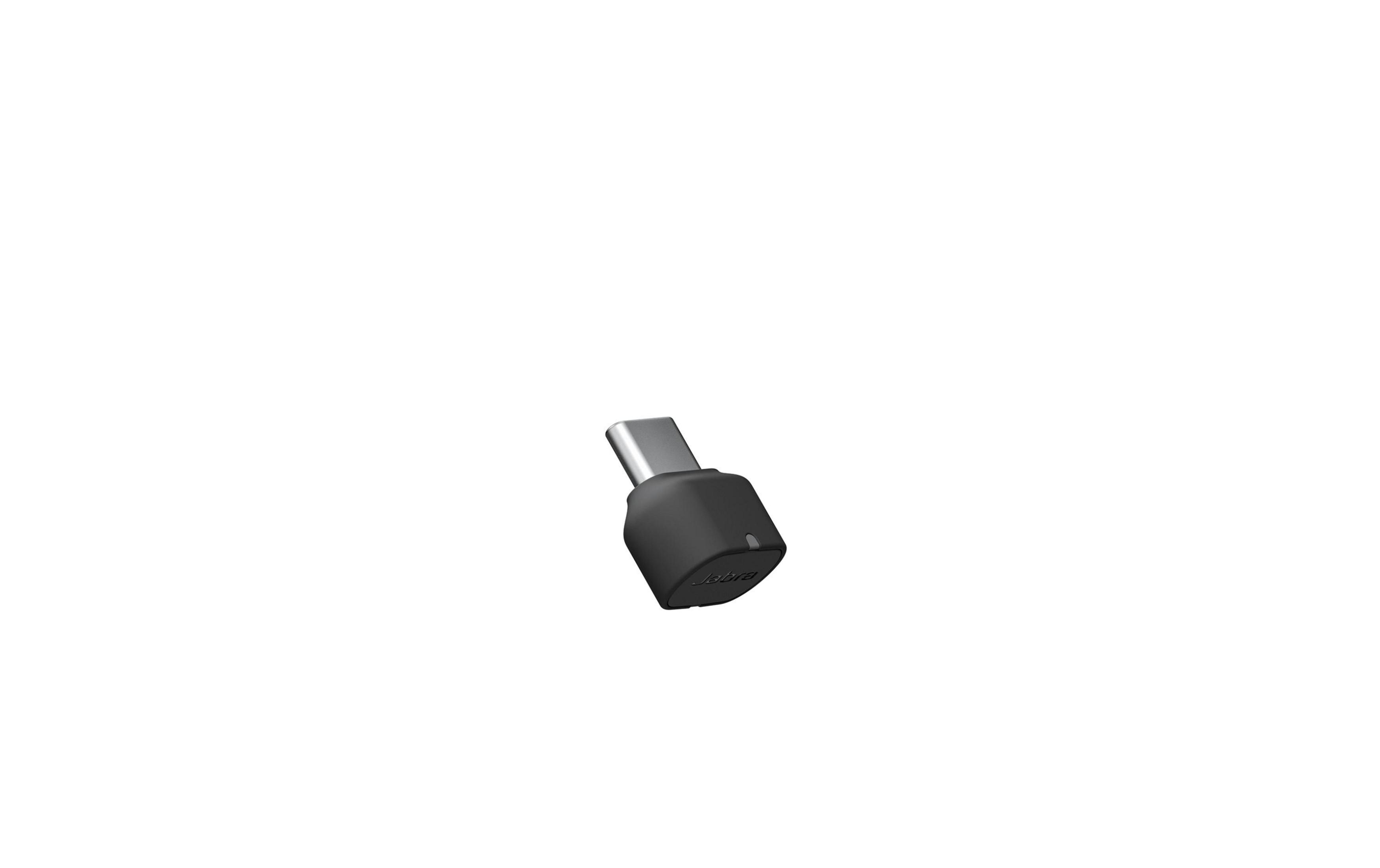 Un dongle Jabra USB-C nero con connettore argentato.