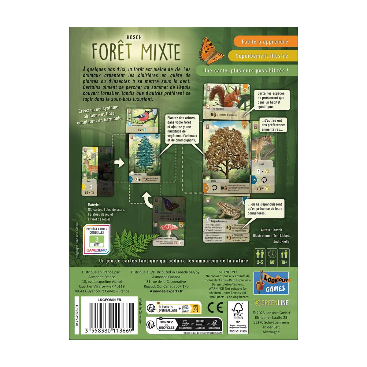 Brettspiel-Box "Forêt Mixte" von Kosch. Zeigt Waldtiere, Pflanzen und Spielregeln.