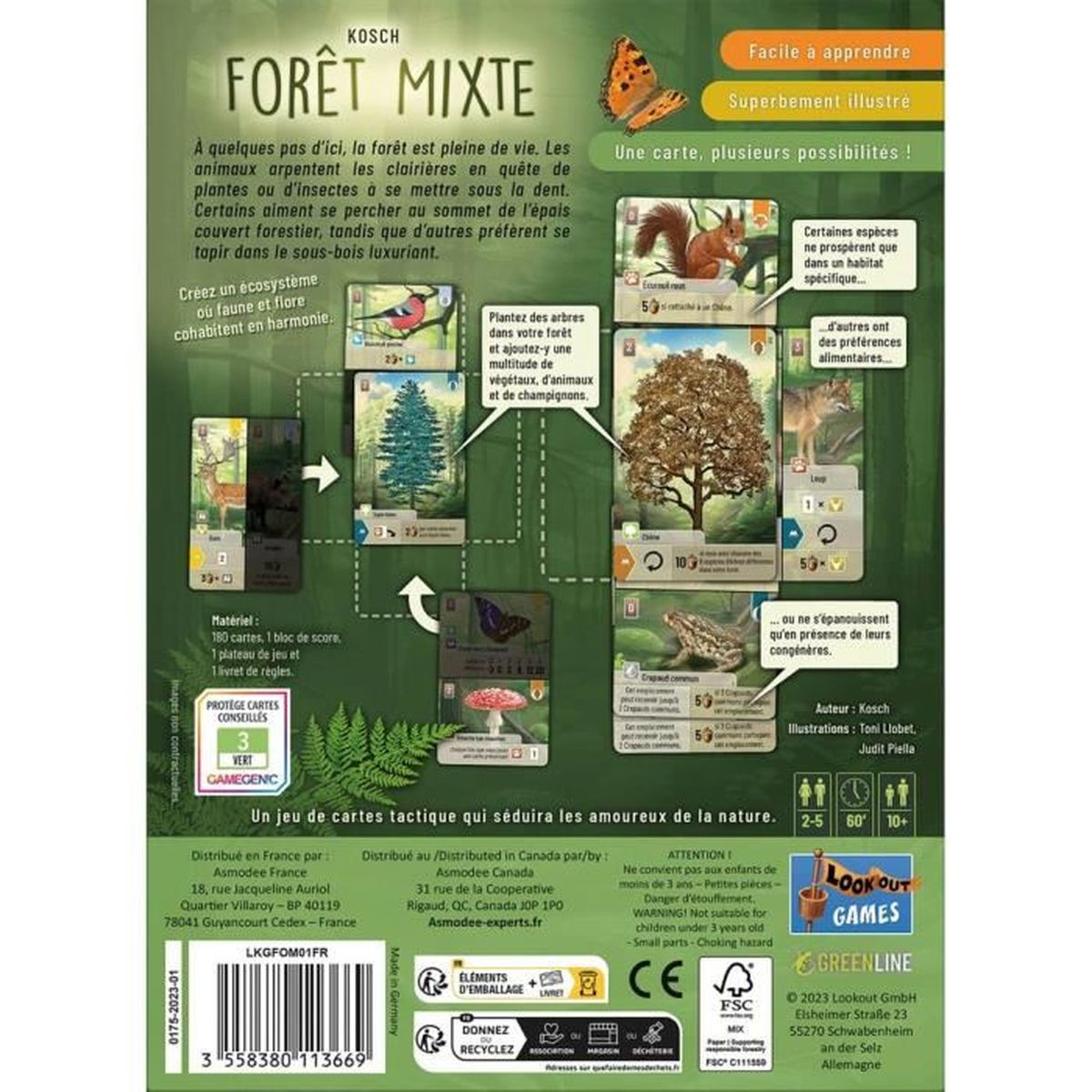 Brettspielcover 'Forêt Mixte' mit Waldtieren, Bäumen und Spielkarten.