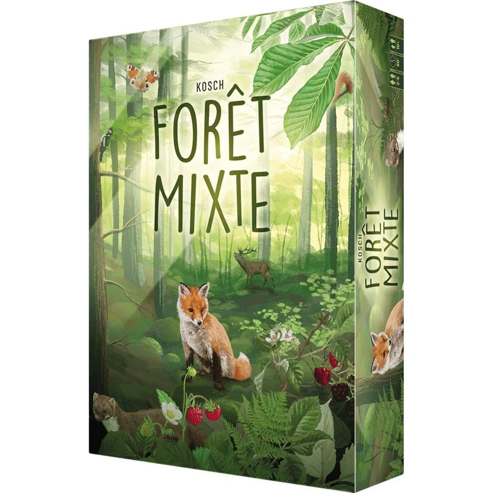 Ein Fuchs sitzt im Wald mit einem Hirsch und Beeren. Der Titel lautet 'Forêt Mixte'.