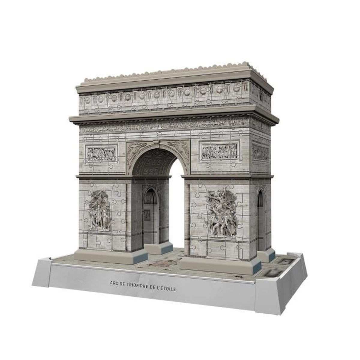 Ein 3D-Puzzle des Arc de Triomphe aus Stein mit Gravuren und einem Sockel.