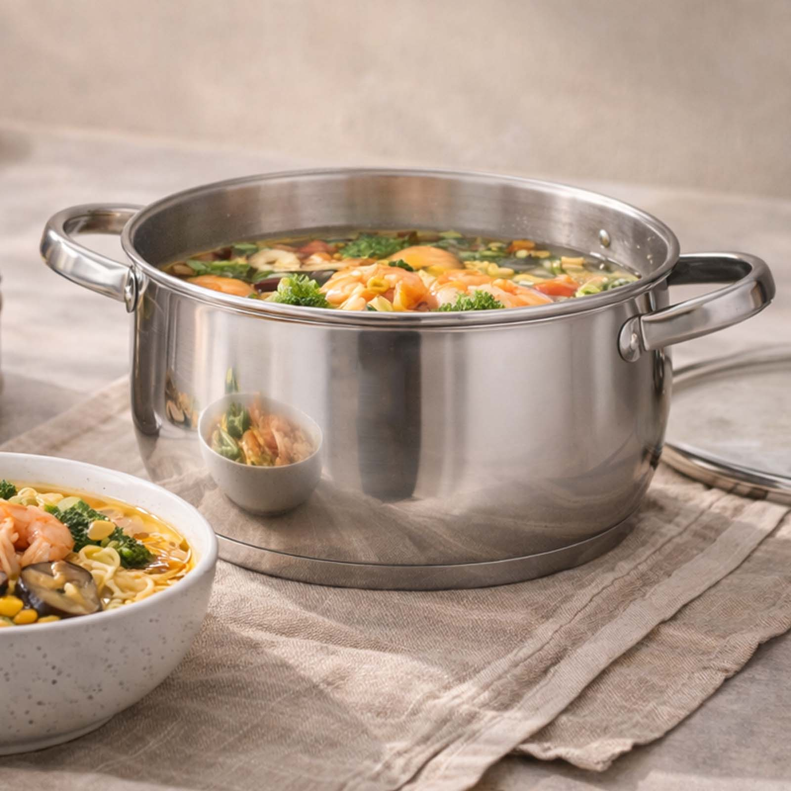 Ein Edelstahltopf mit einer herzhaften Suppe voller Garnelen, Brokkoli und Mais.