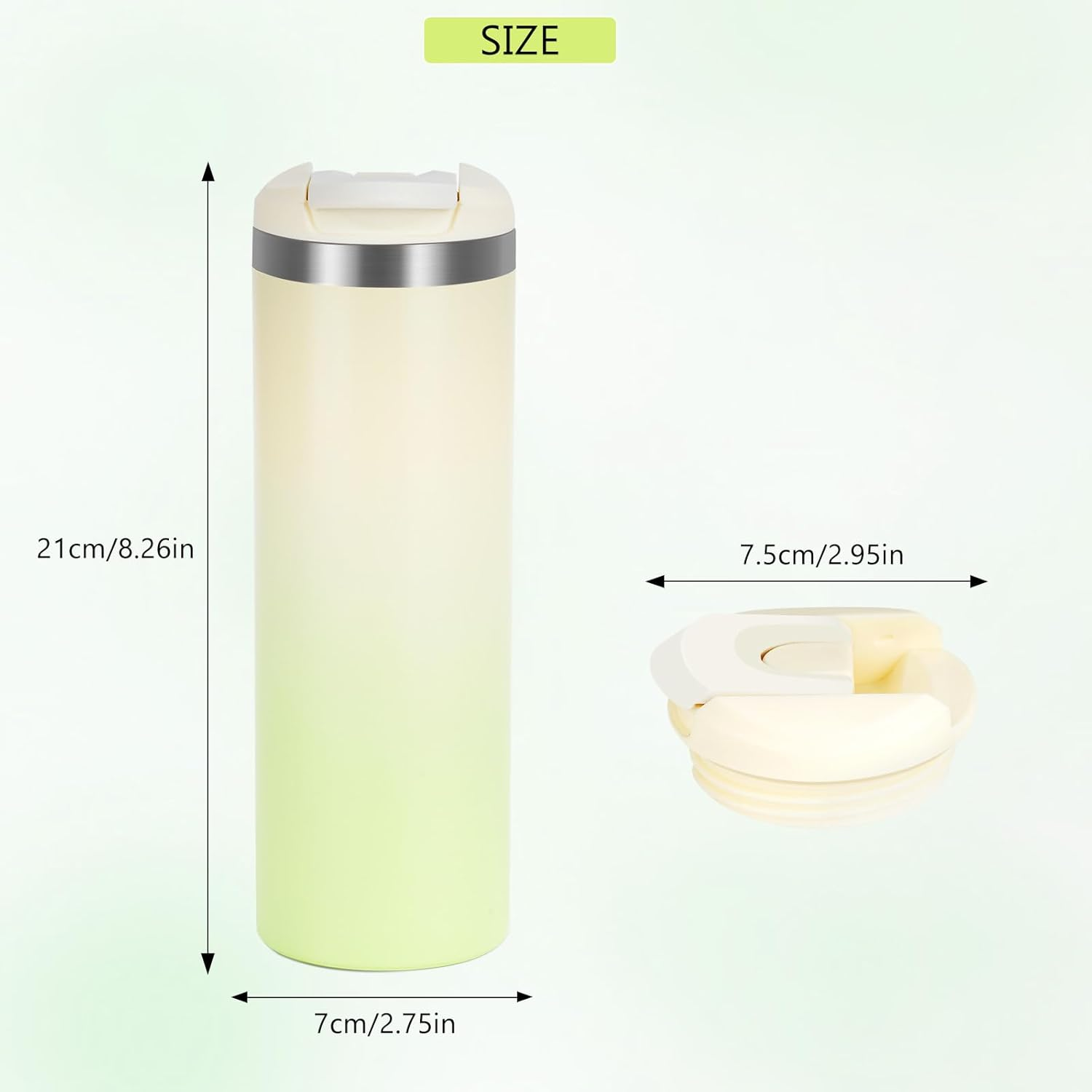 Ein schlanker Becher in Creme- und Pastellgrün-Verläufen, daneben der Deckel.