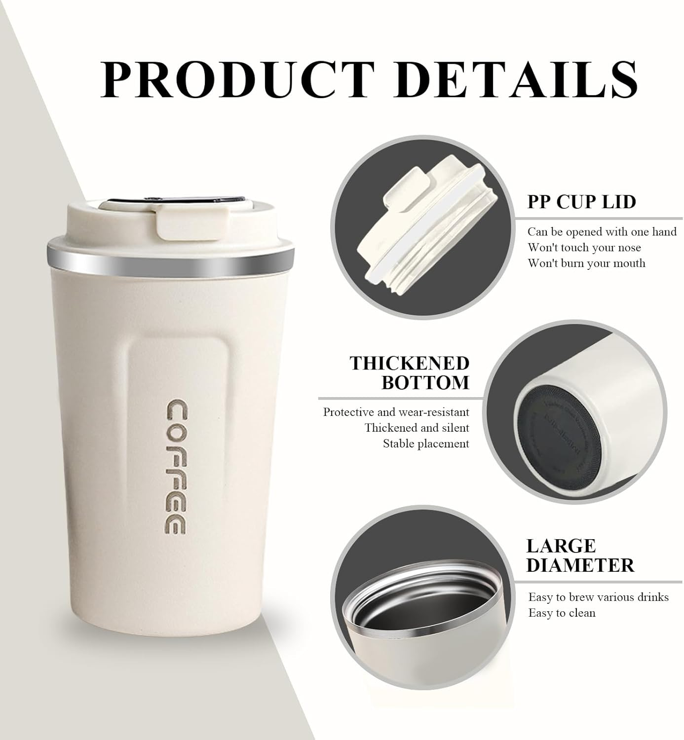 Produktdetails eines weißen Kaffeebechers mit Deckel, der den PP-Deckel, den verdickten Boden und den großen Durchmesser zeigt.