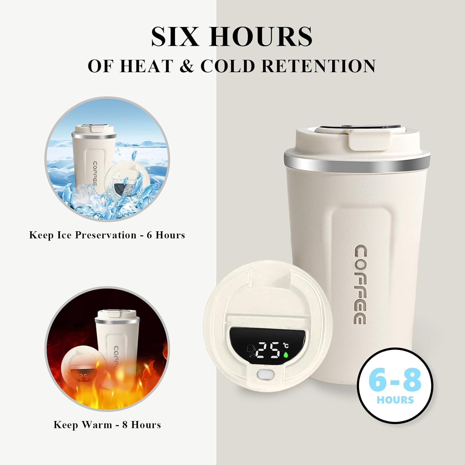 Eine weiße Kaffeetasse mit Deckel und Temperaturanzeige auf Eis und Feuer.