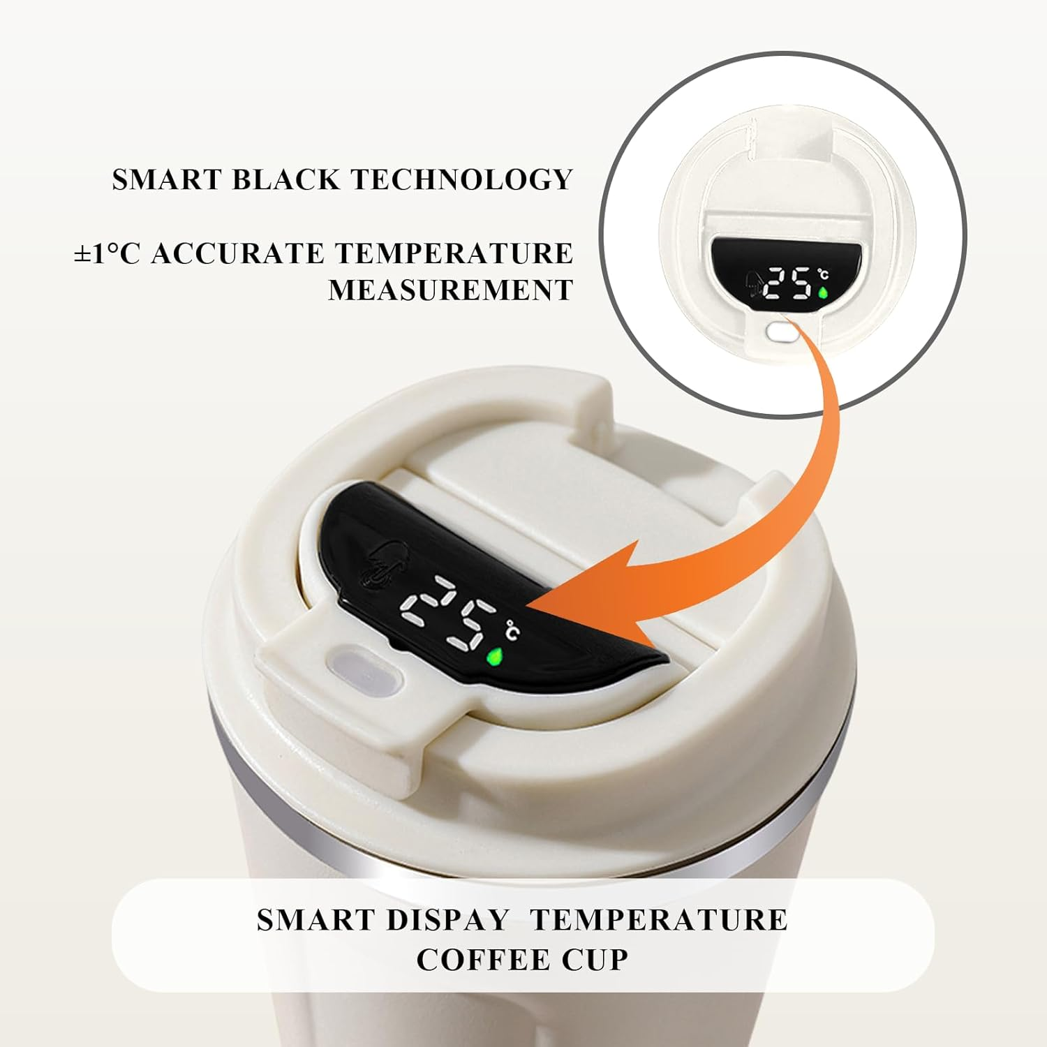 Ein weißer Kaffeebecher mit digitaler Temperaturanzeige von 25°C.