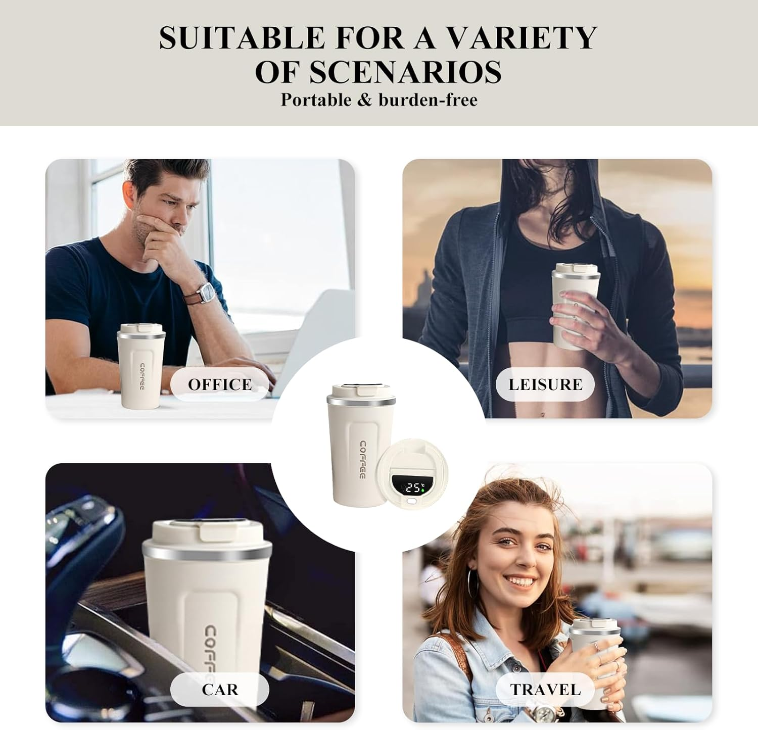 Vier Szenen zeigen eine weiße Kaffeetasse in verschiedenen Umgebungen: Büro, Freizeit, Auto und Reisen.