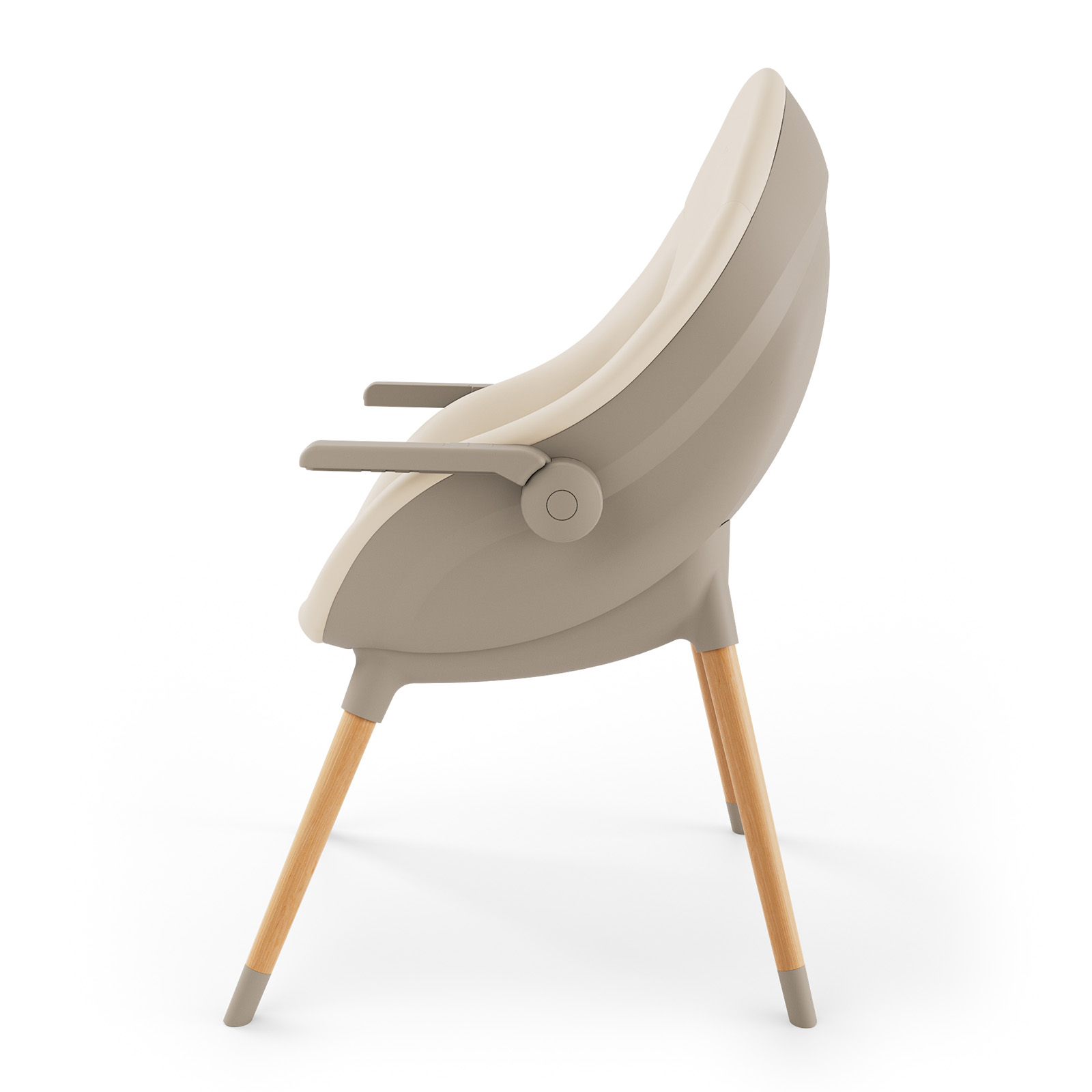 Ein moderner beige und grauer Stuhl mit Holzbeinen, von der Seite gesehen.
