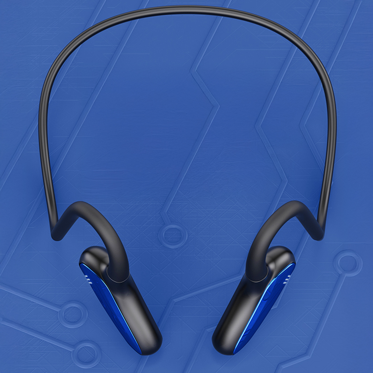 Cuffie con fascia da collo nere con accenti blu su sfondo blu.