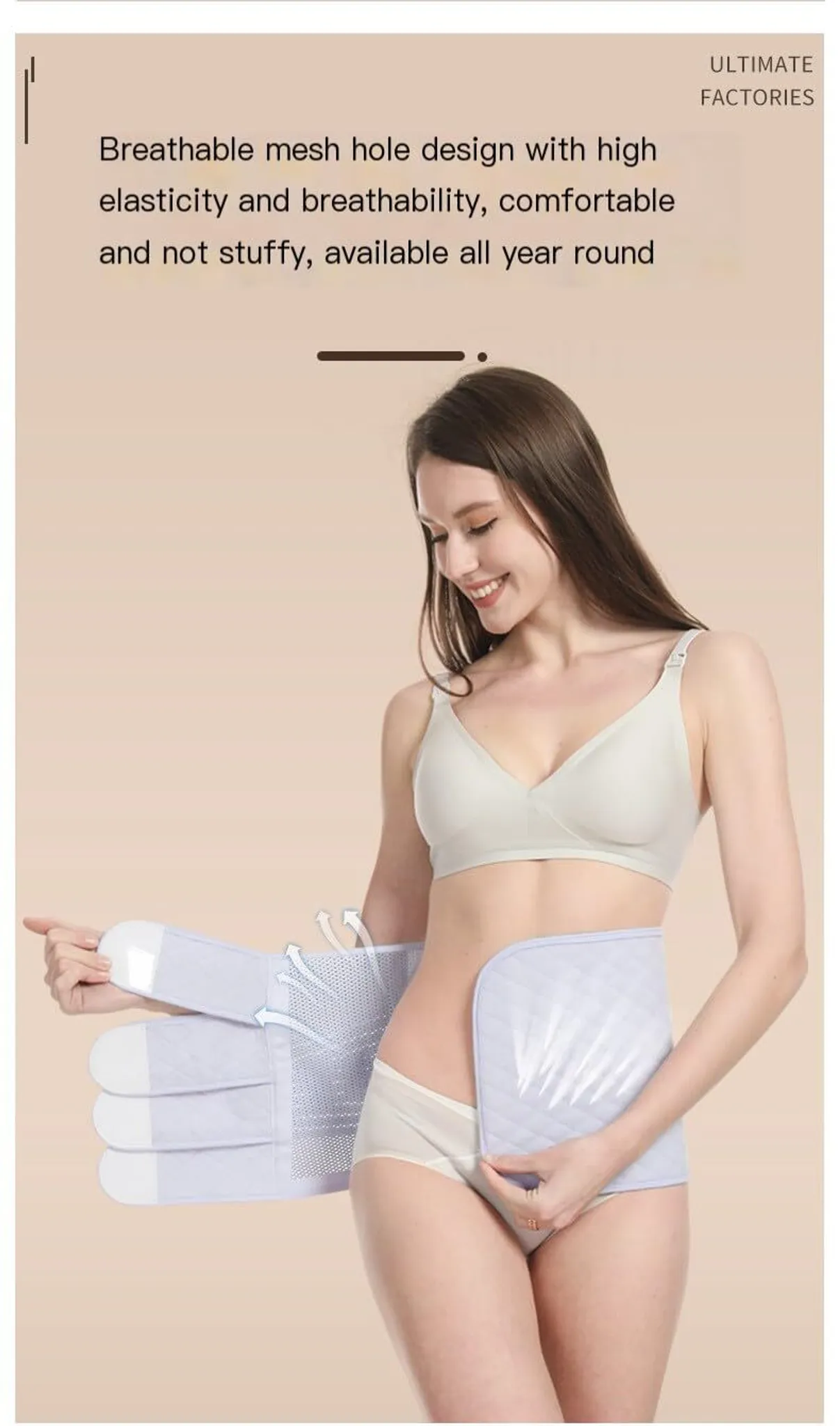 Eine Frau trägt einen hellblauen Bauchgurt mit atmungsaktivem Mesh-Design.