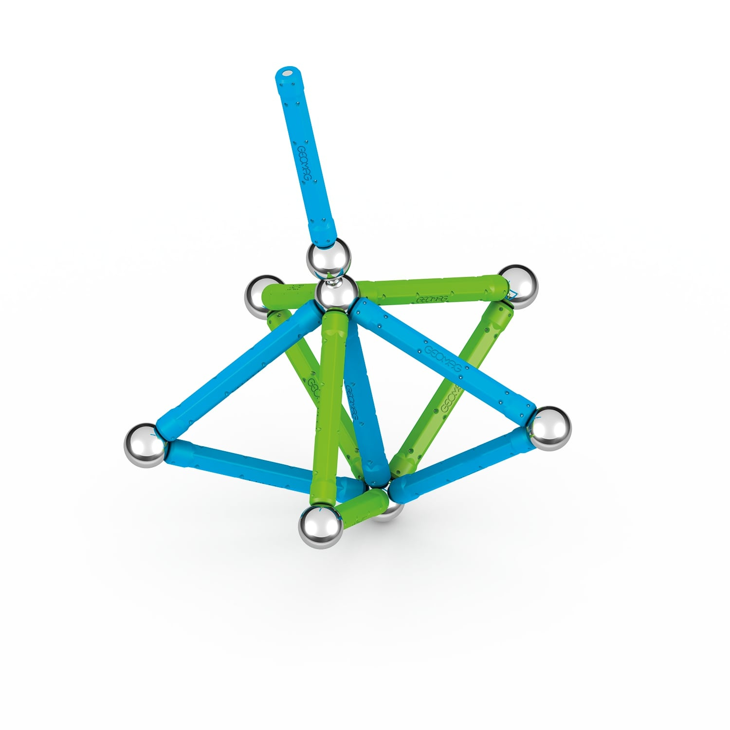 Una struttura geometrica realizzata con aste blu e verdi collegate da sfere argentate.