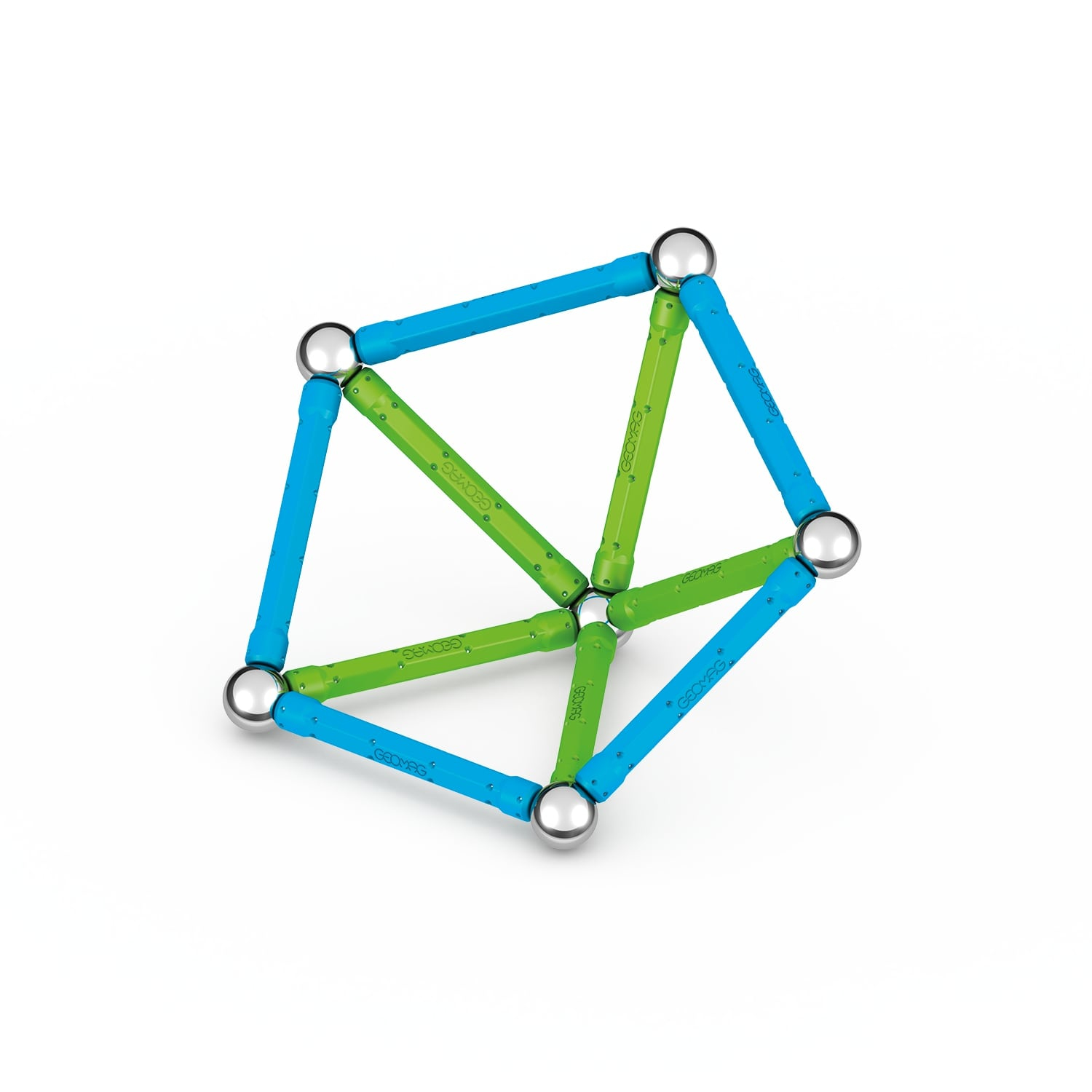 Un gioco di costruzione geometrico con aste blu e verdi e sfere argentate.