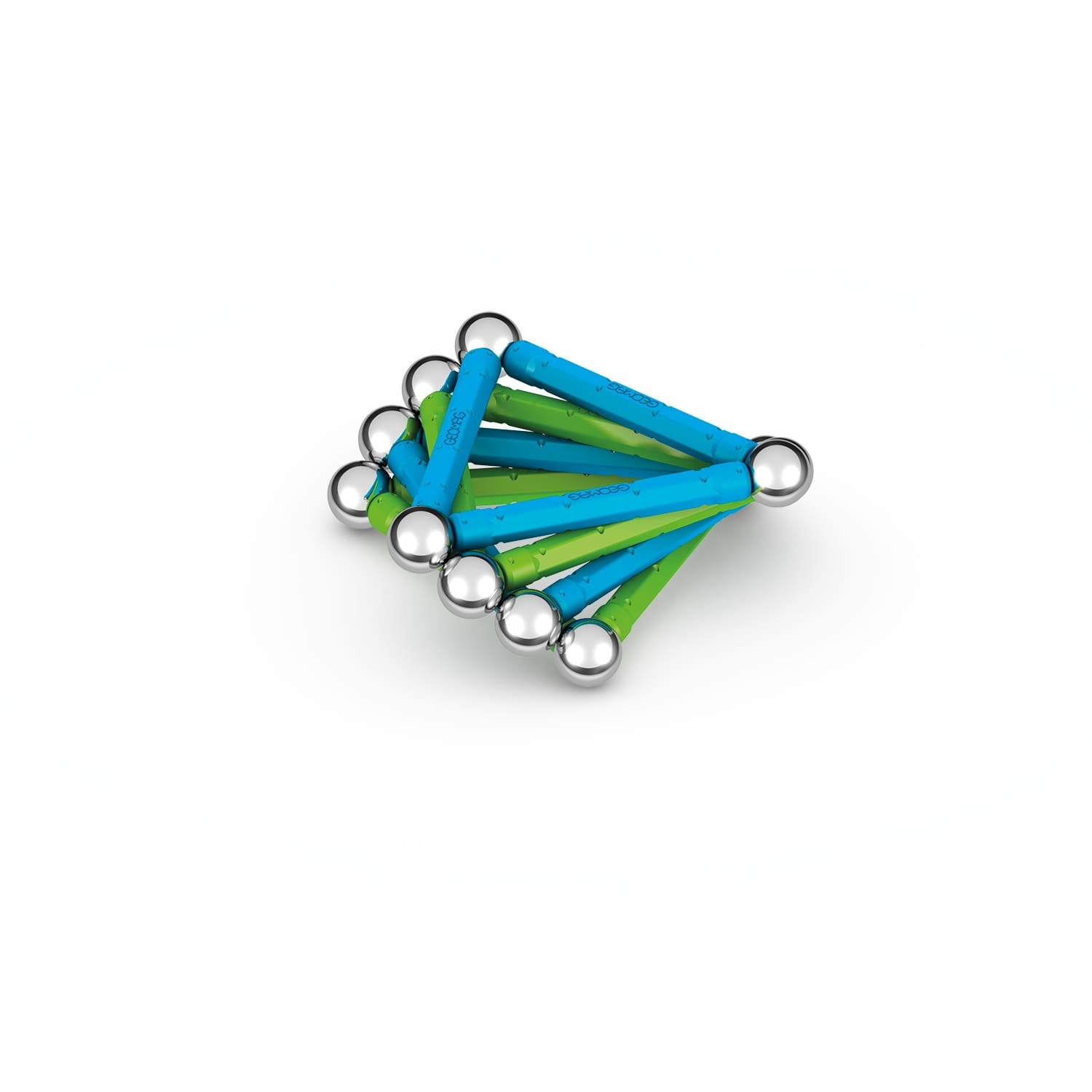 Bacchette magnetiche blu e verdi con sfere argentate che formano un triangolo.