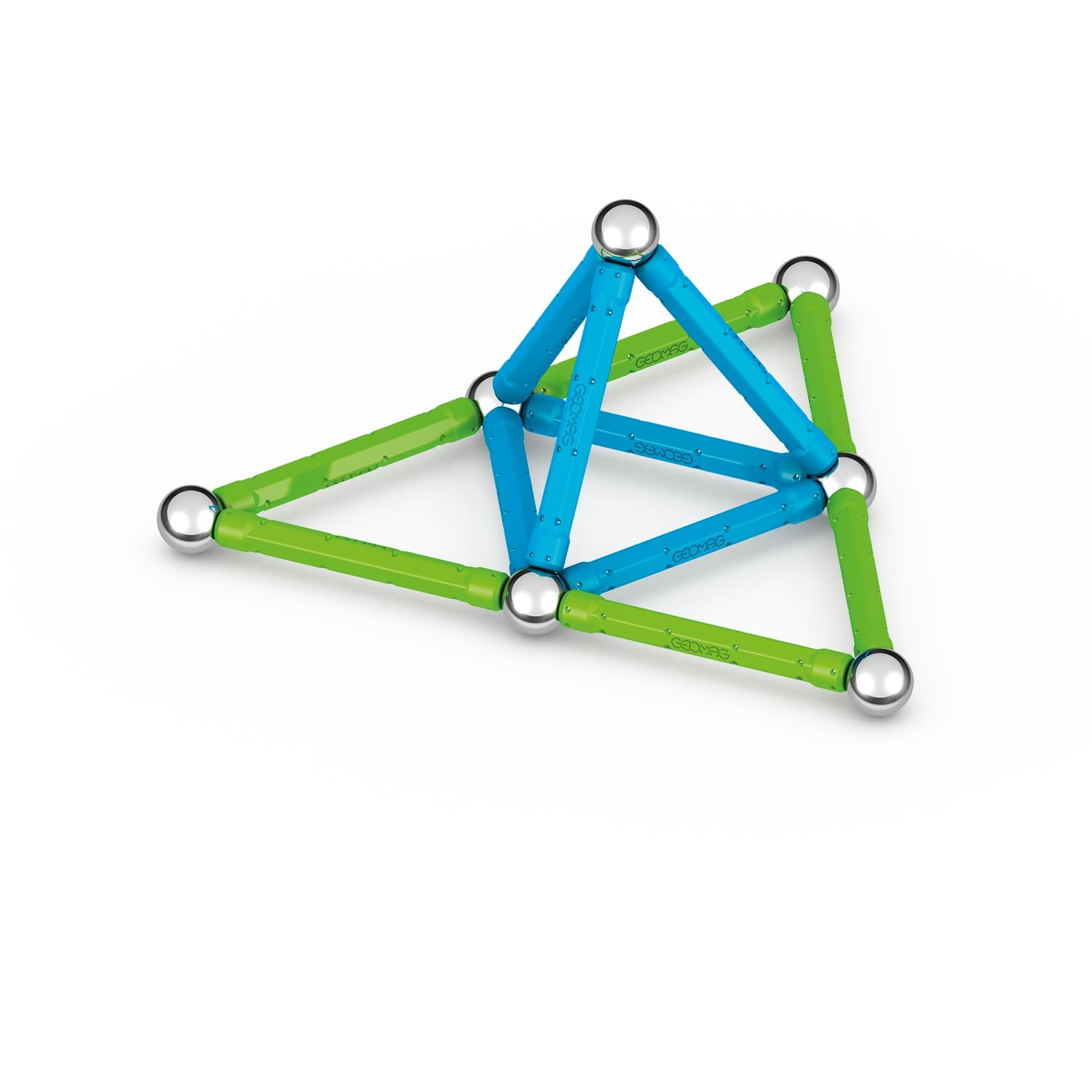 Un giocattolo geometrico realizzato con aste verdi e blu con sfere argentate.