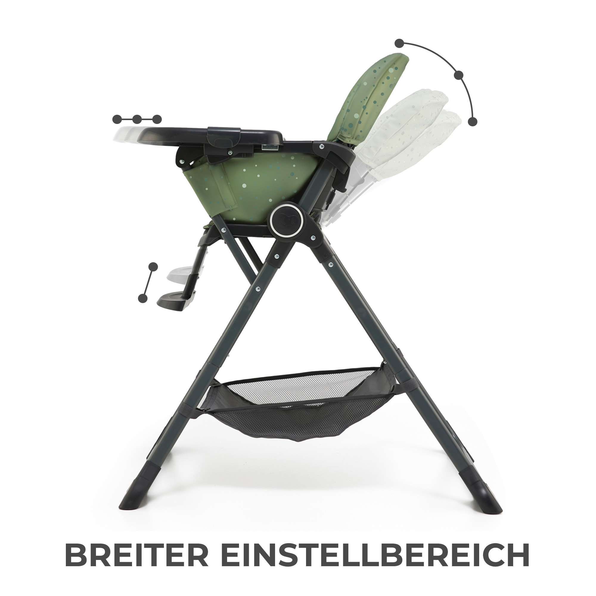 Grüner Hochstuhl mit verstellbarer Rückenlehne, Tisch und Fußstütze.