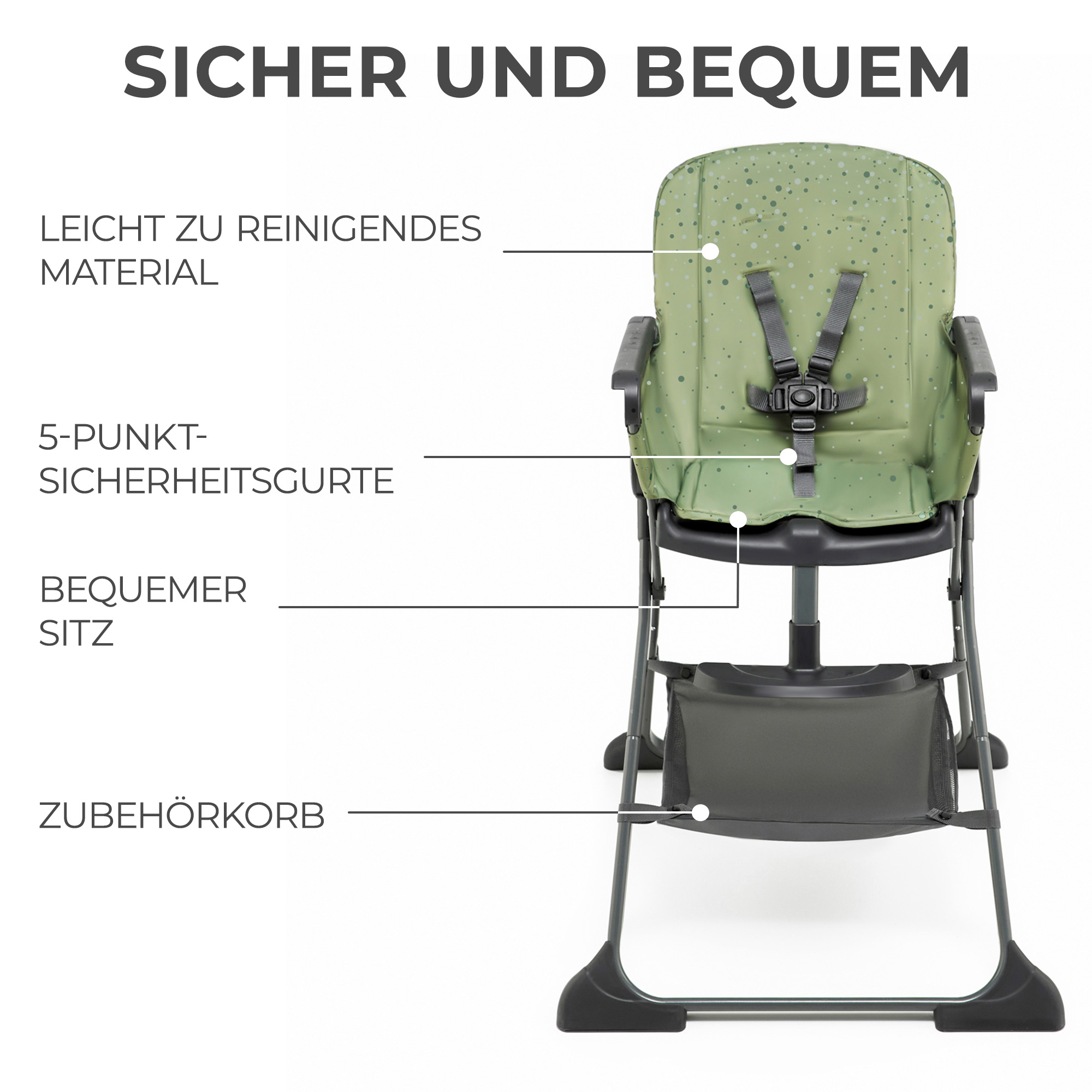 Ein grüner Hochstuhl mit gepunktetem Muster, 5-Punkt-Gurt und Zubehörkorb.