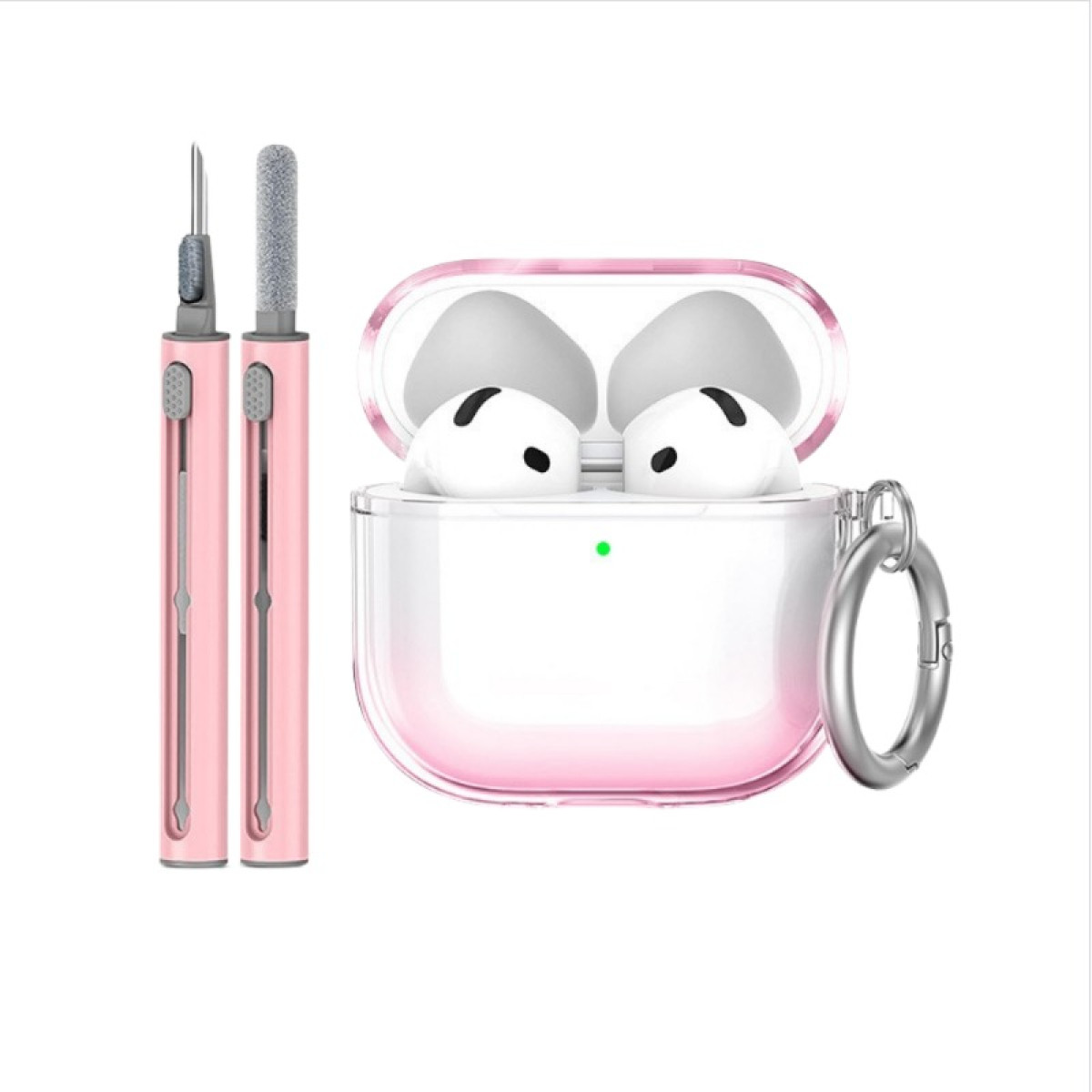 Pinkes Reinigungswerkzeug und durchsichtiger AirPods-Koffer mit weißen Ohrhörern, auf Weiß.