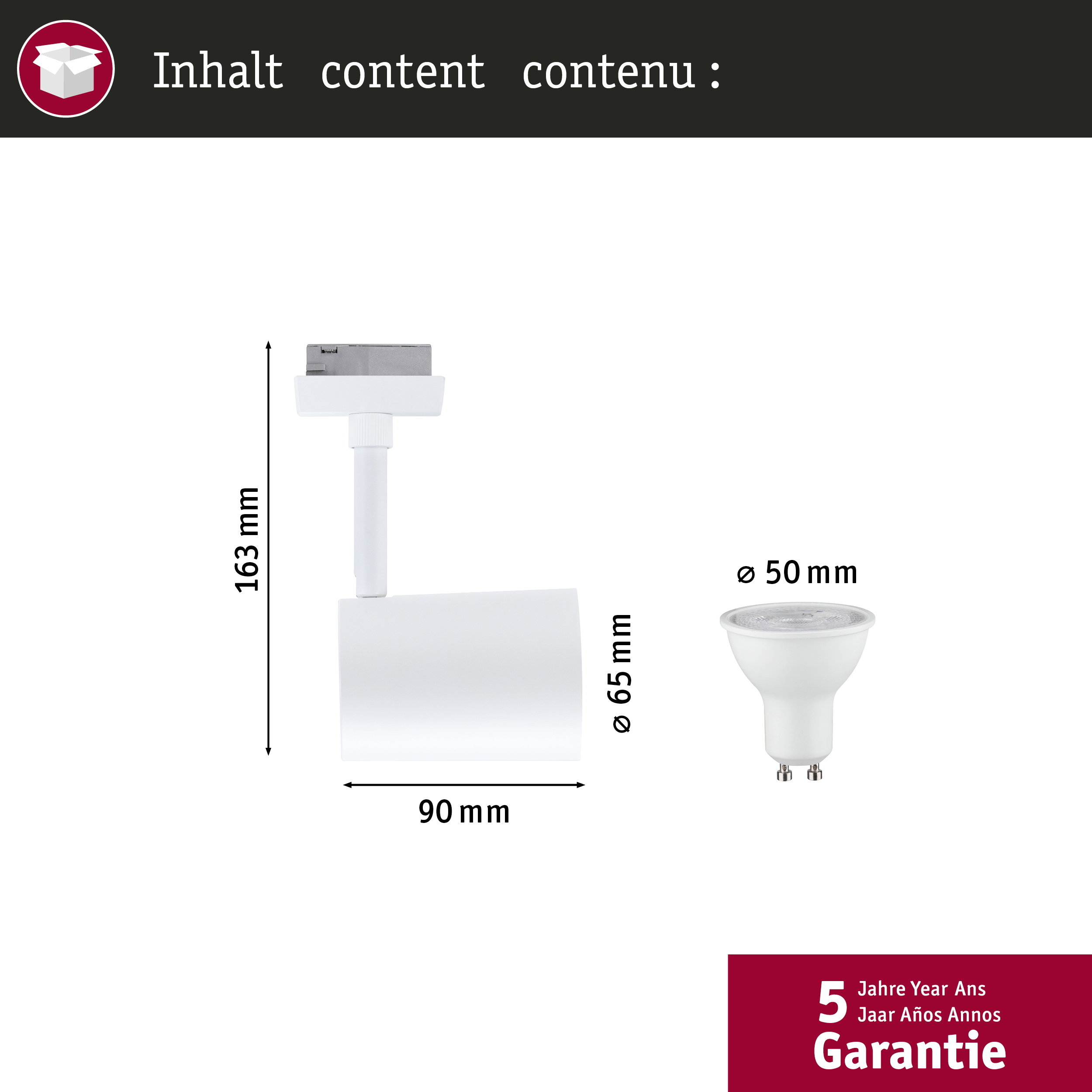 Weiße Leuchte (163x90mm) und GU10 Leuchtmittel (Ø50mm) mit Garantie.