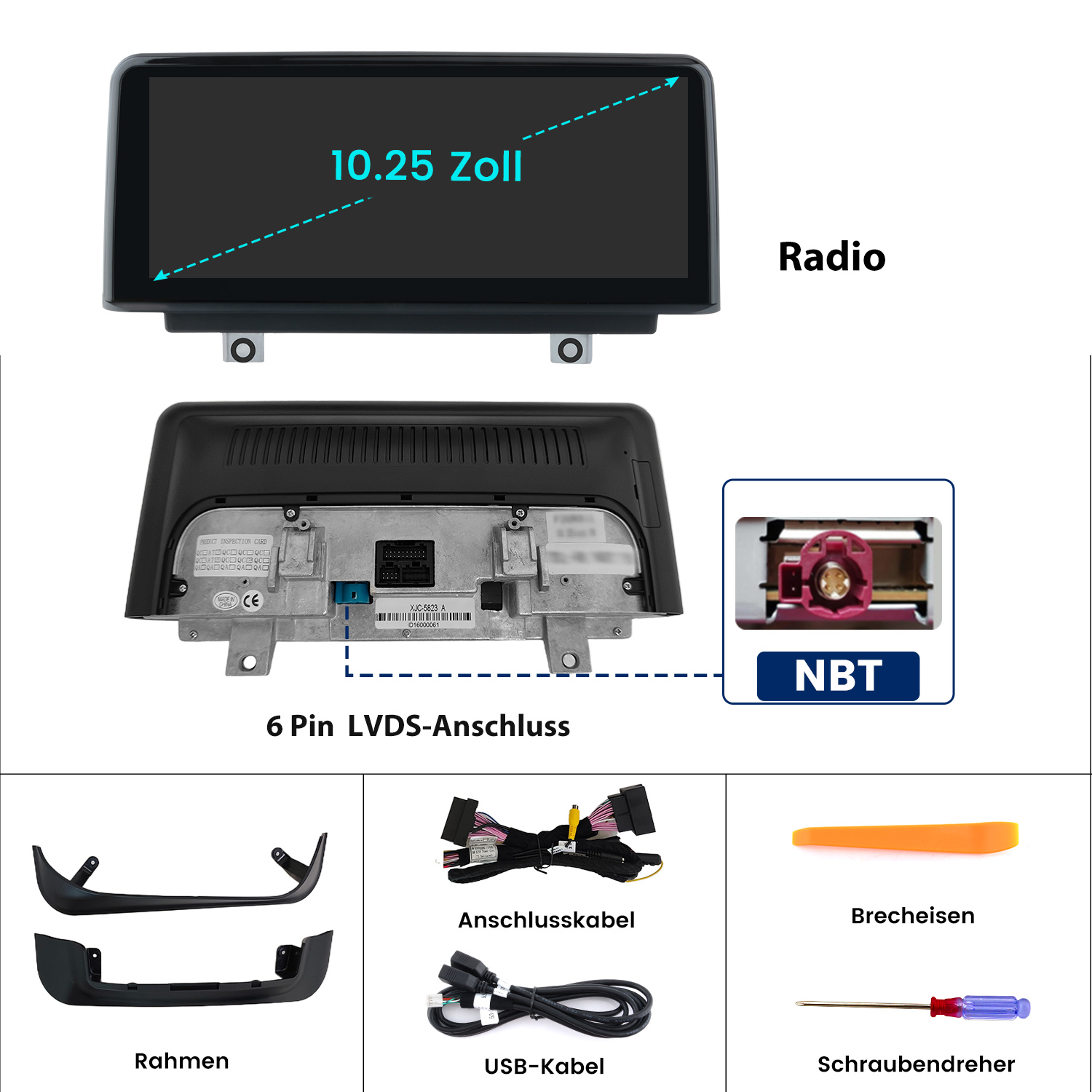 10,25-Zoll-Radiodisplay, Rückseite mit Anschlüssen, Kabeln, Rahmen und Werkzeugen.