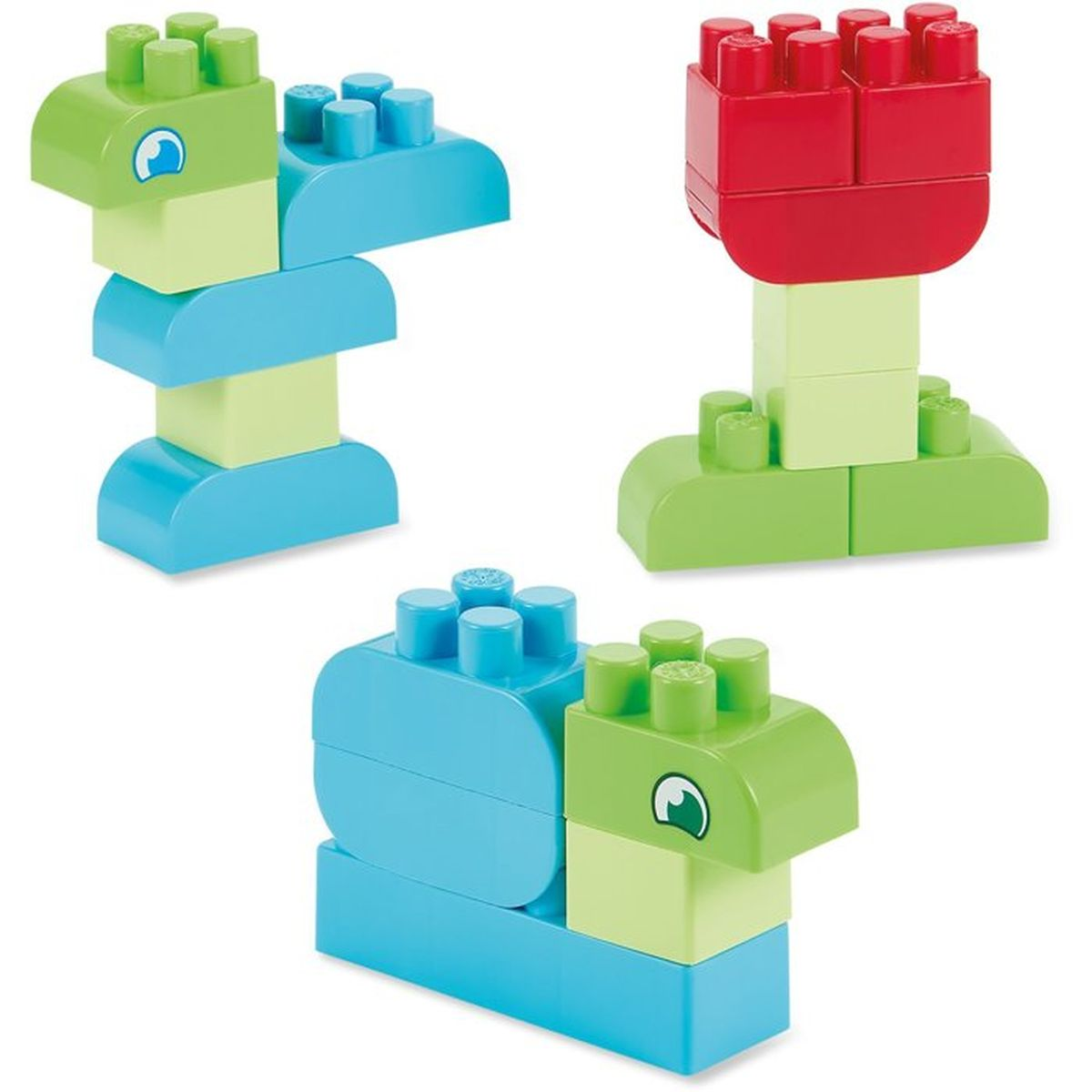 Blocchi colorati formano tre figure: due creature verdi, blu e verde chiaro e un fiore rosso.