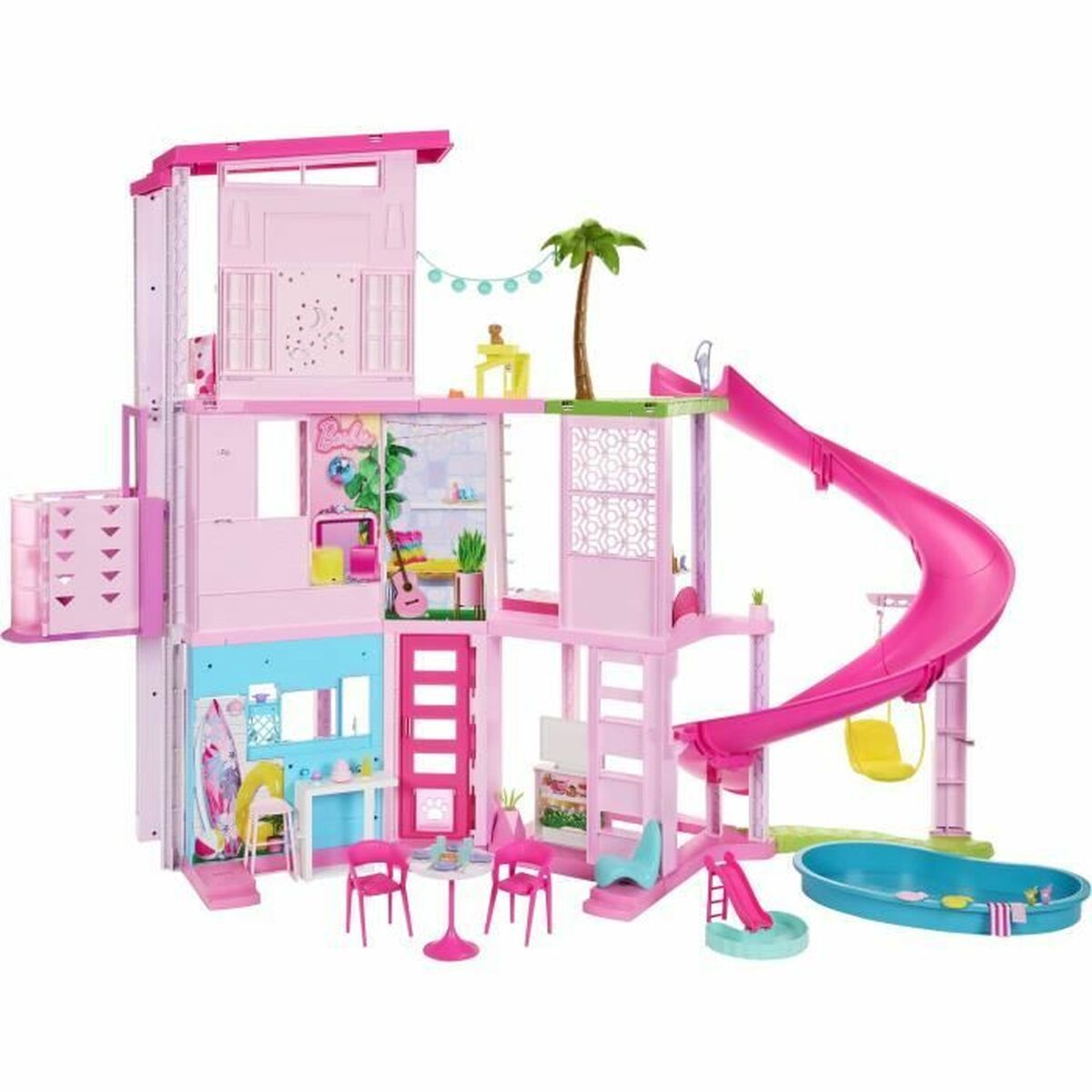 Ein rosa Barbie-Puppenhaus mit Rutsche, Pool und Aufzug.