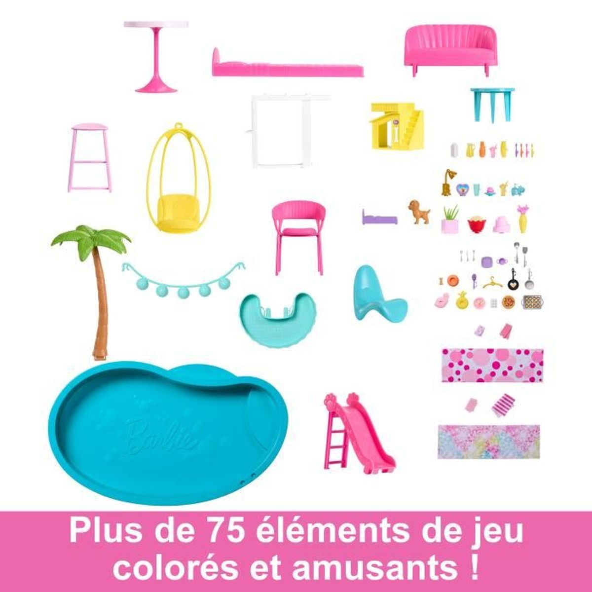 Bunte Barbie-Spielzeugmöbel und Zubehör, darunter ein Pool, eine Rutsche und eine Palme.