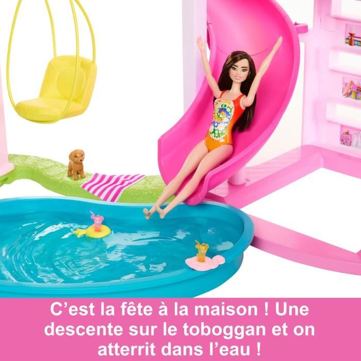 Barbie-Puppe rutscht auf einer rosa Rutsche in einen blauen Pool. Ein Hund sitzt daneben.