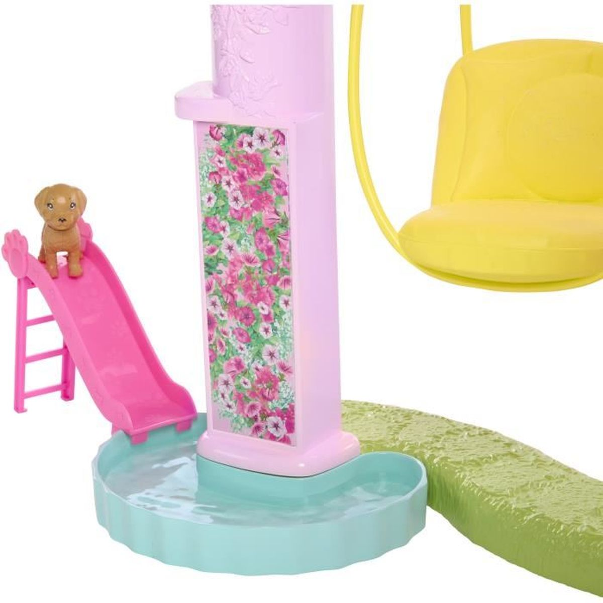 Ein Spielzeughund sitzt auf einer rosa Rutsche neben einem rosa Turm mit Blumenmuster.