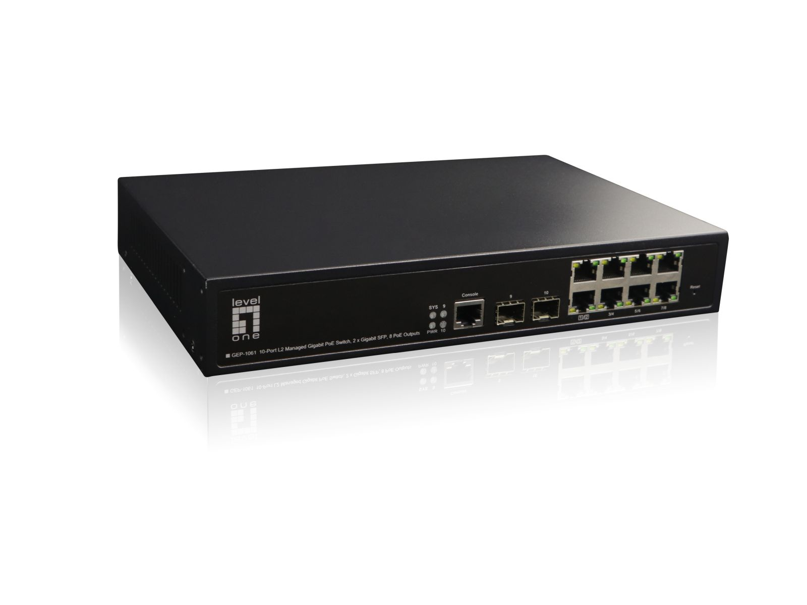 Switch di rete nero a 10 porte con 8 uscite PoE e 2 porte SFP.