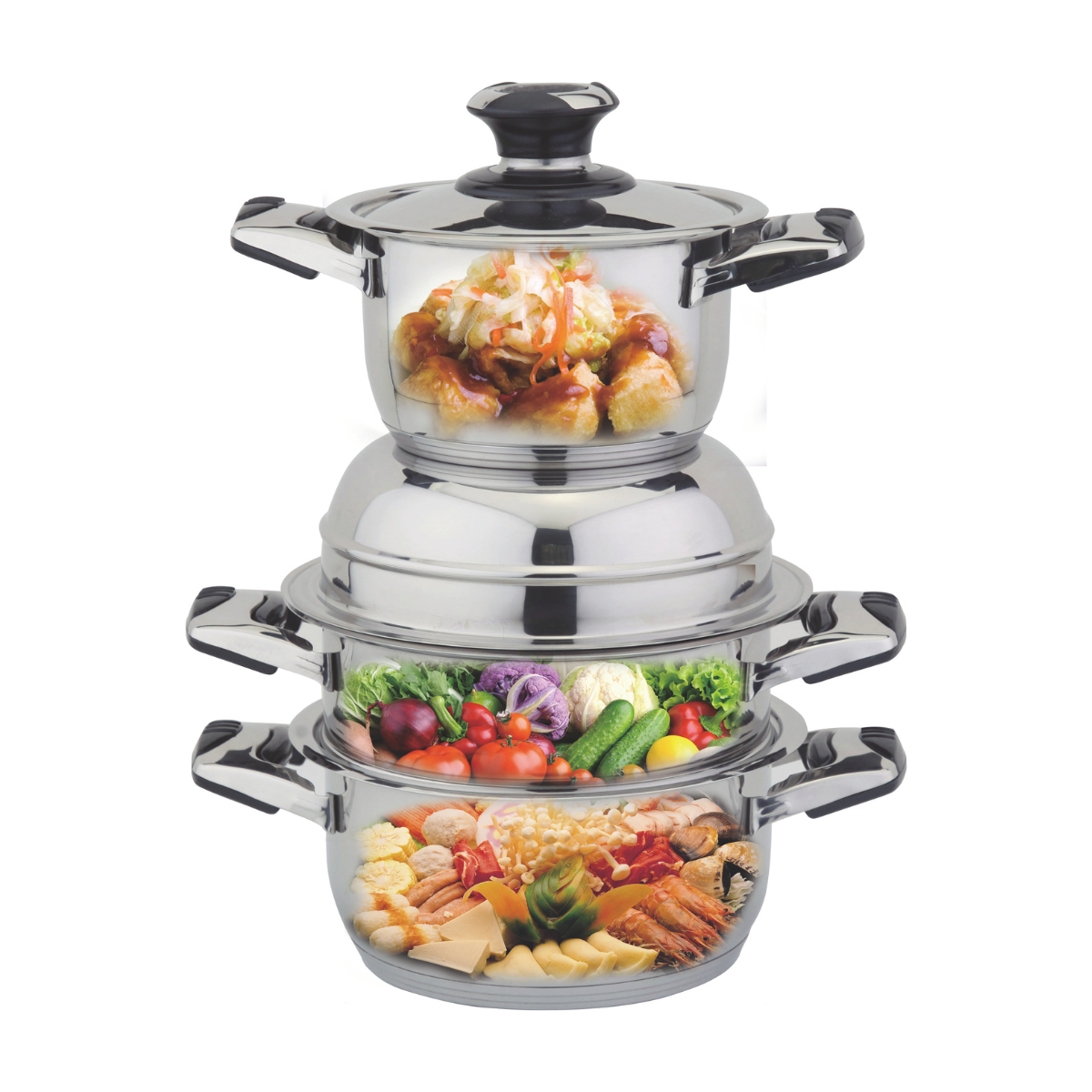 Pila de ollas de acero inoxidable con comida. Olla superior con carne y verduras cocidas. Media con verduras frescas. Fondo con ingredientes crudos.