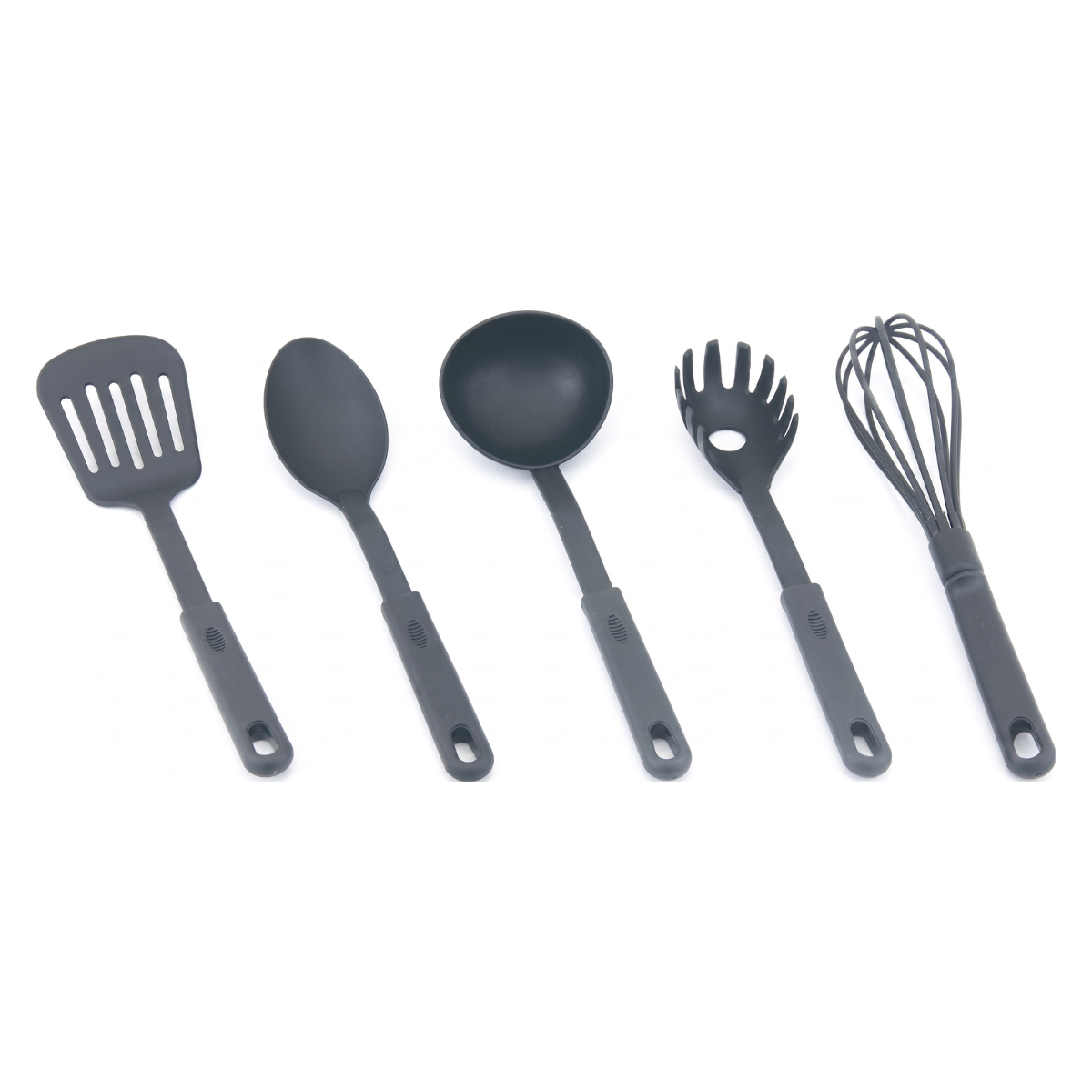 Cinco utensilios de cocina oscuros yacen uno al lado del otro.