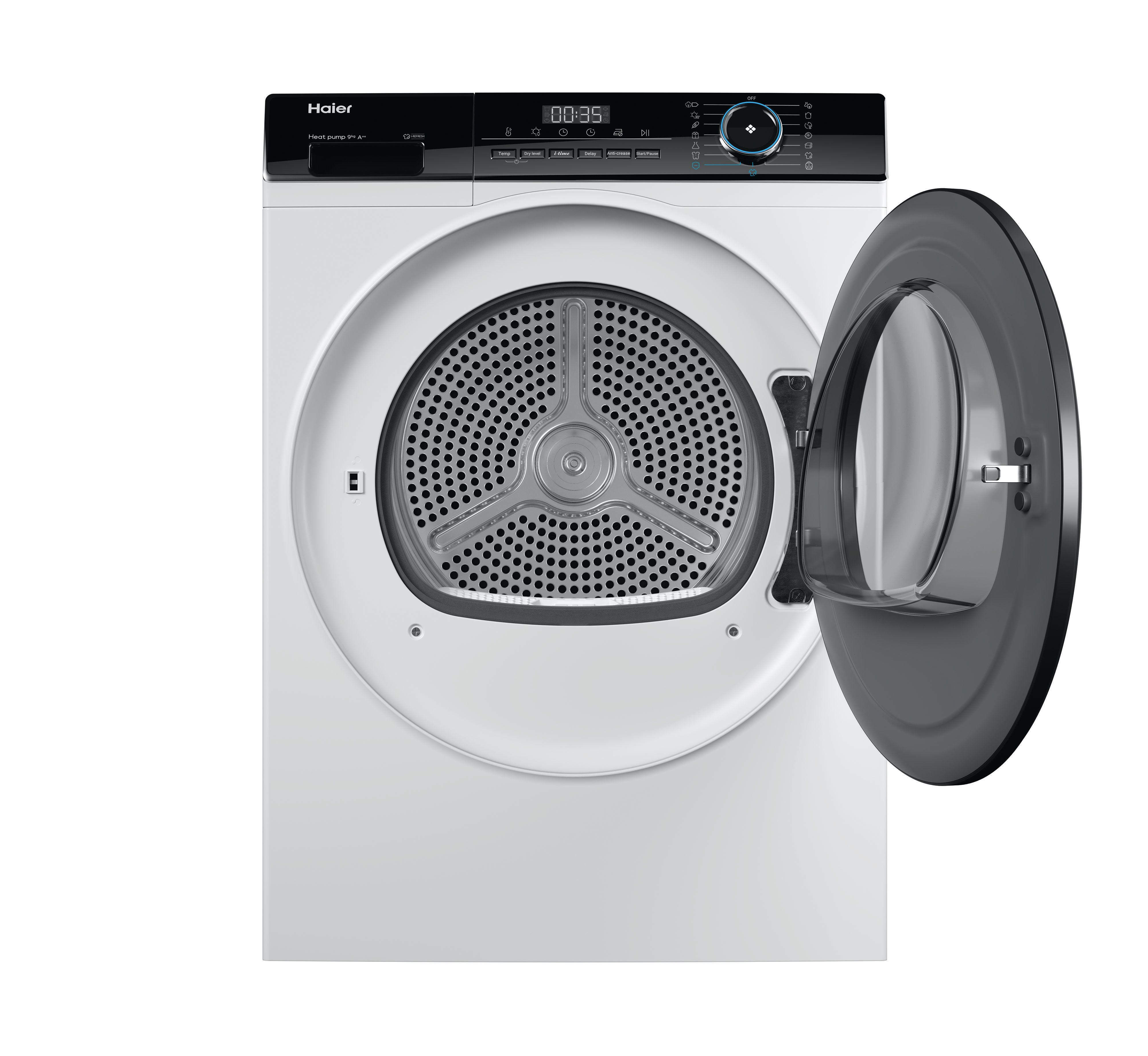 Un secador Haier de bomba de calor blanco con la puerta oscura abierta.