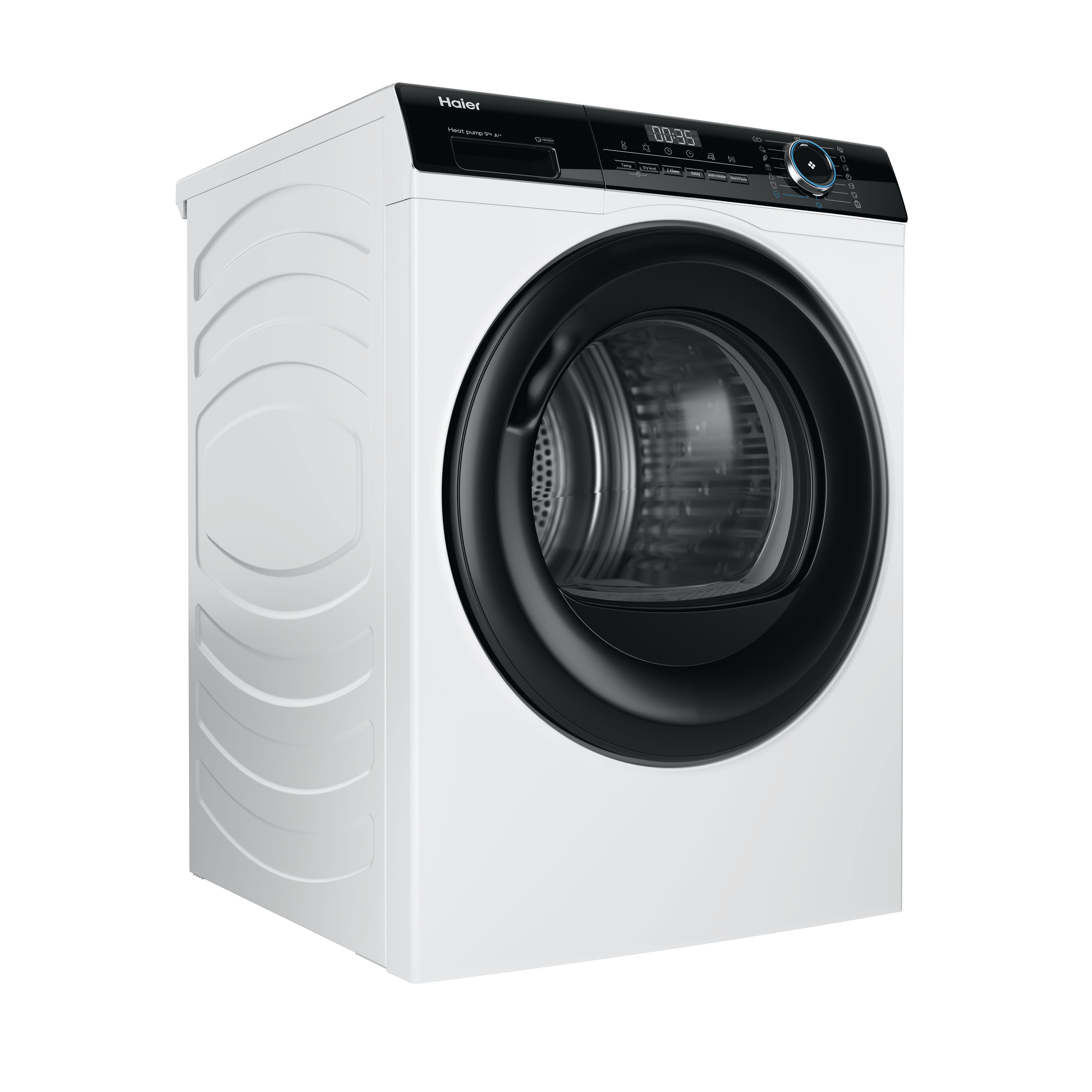 Una secadora Haier de bomba de calor blanca con puerta y panel negros.