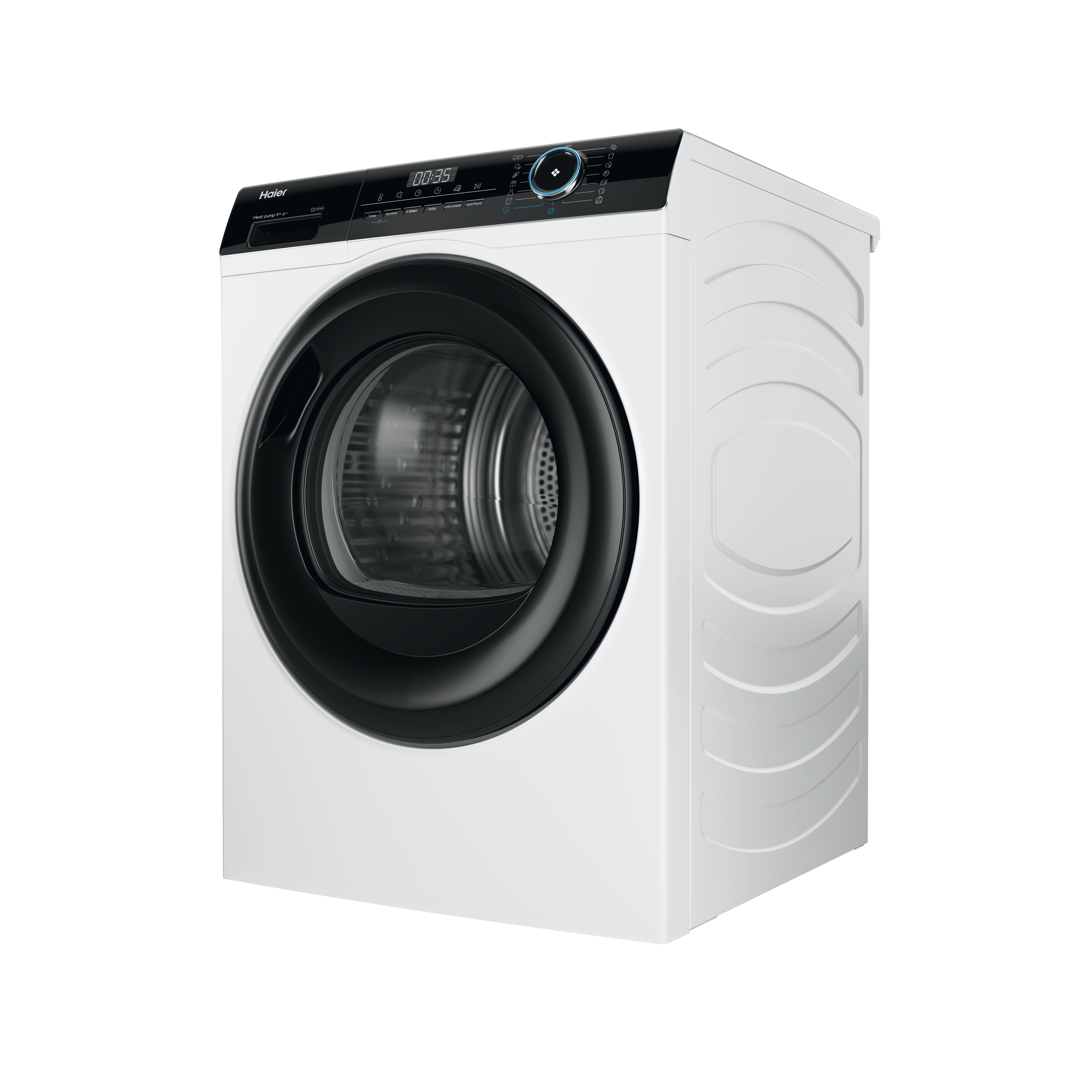 Una secadora Haier blanca con puerta y panel de control negros.