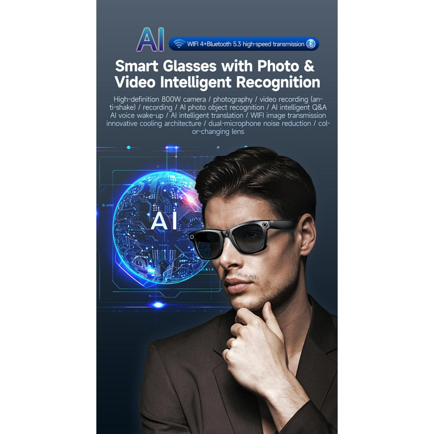 Mann mit dunklen Smart Glasses vor KI-Grafik. Wi-Fi & Bluetooth 5.3.