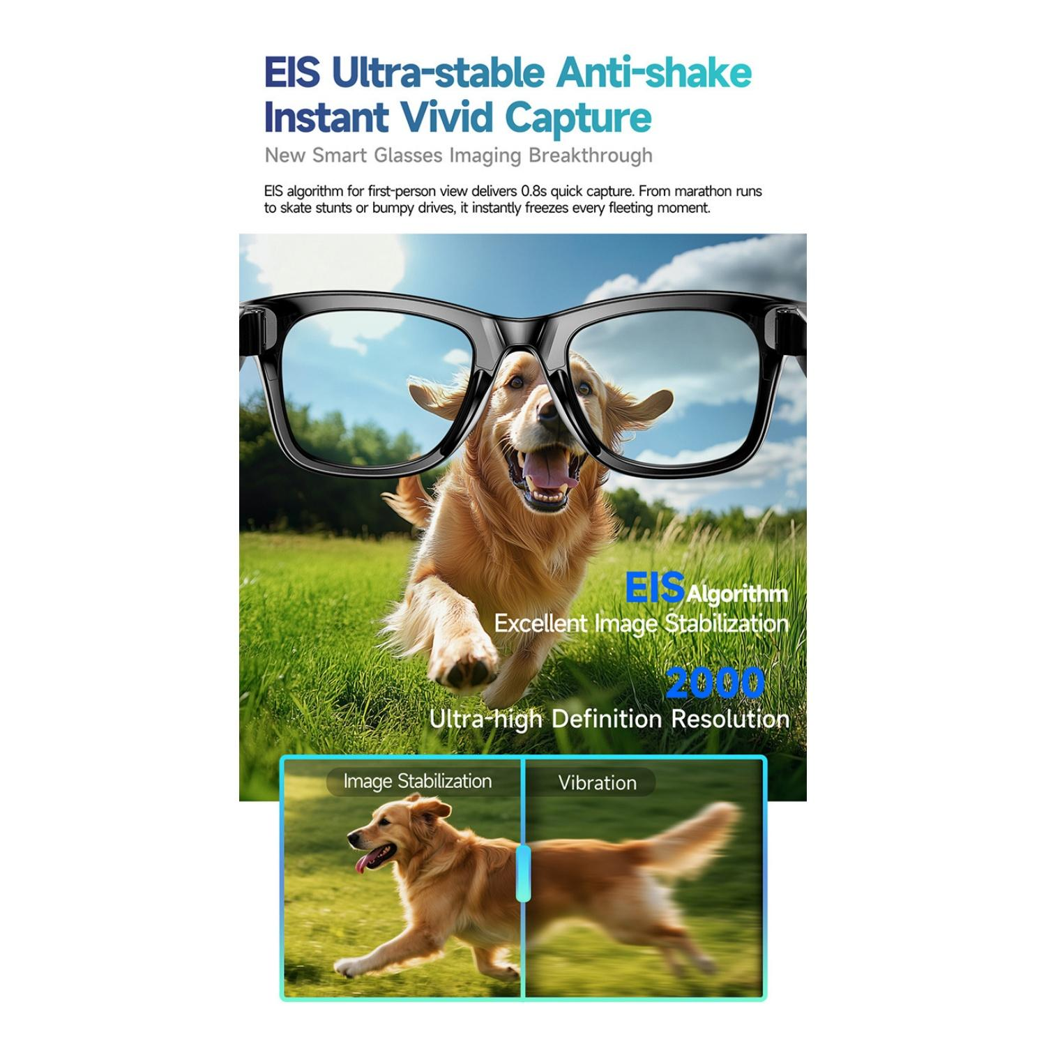 Ein Hund rennt durch Gras, gesehen durch eine Brille. Zwei Bilder zeigen Stabilisierung und Vibration.