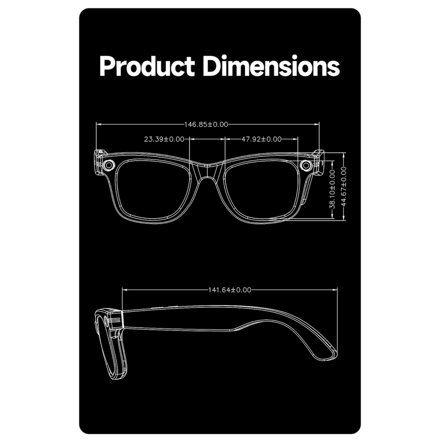 Technische Zeichnung einer Brille mit Maßangaben.