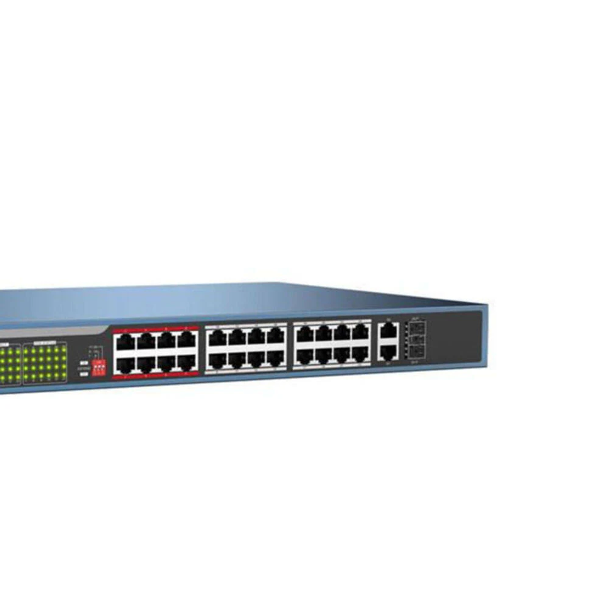Çok sayıda Ethernet portu ve LED göstergesi bulunan mavi bir ağ anahtarı.