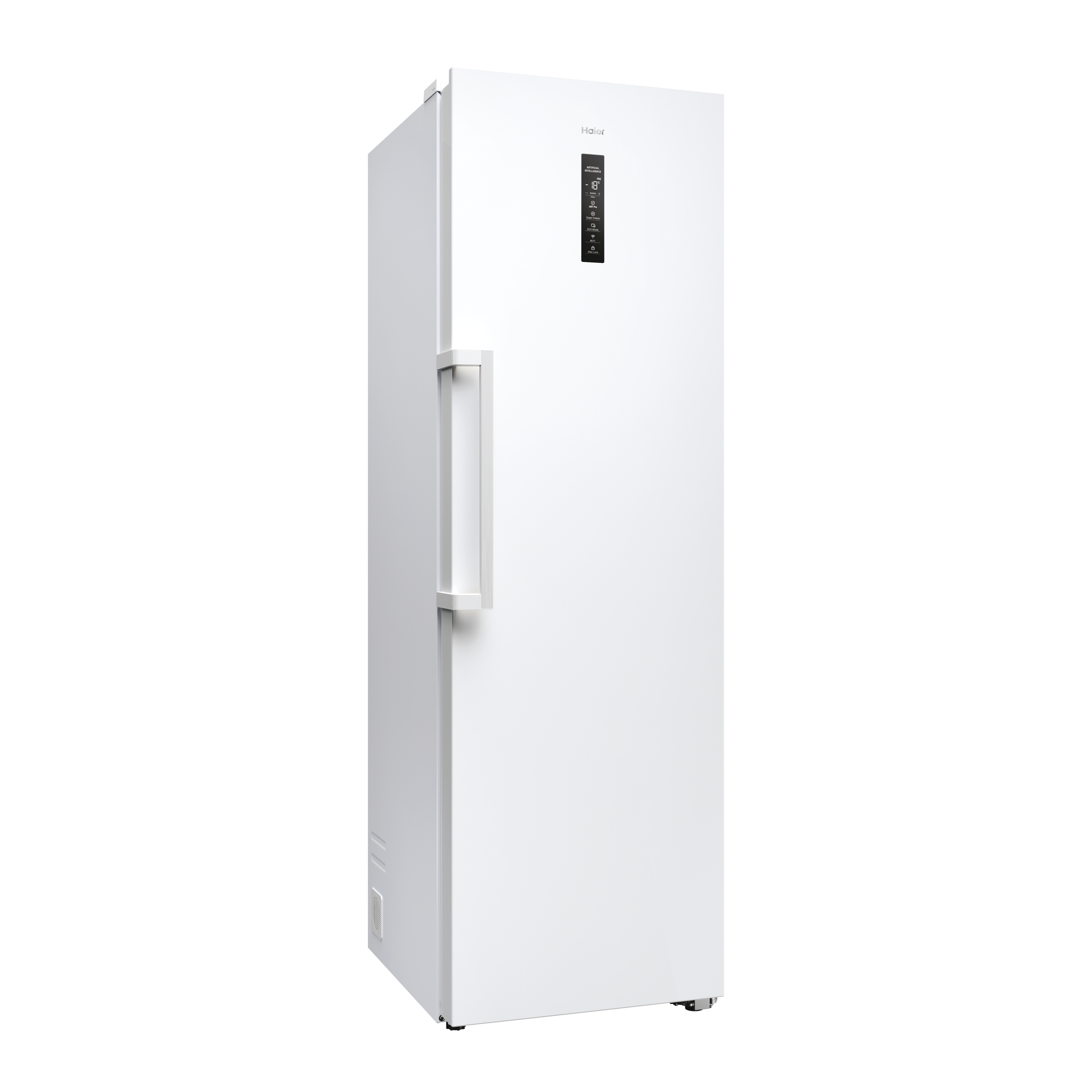 Ein schlanker, weißer Kühlschrank mit digitalem Display und silbernem Griff.