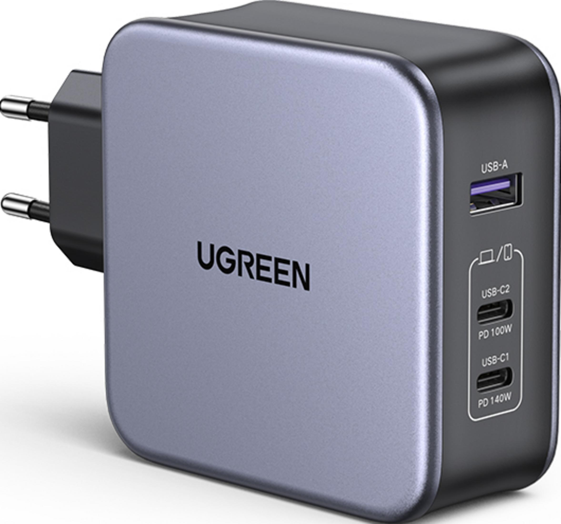 USB-A, USB-C2 (100W) ve USB-C1 (140W) portlu gri UGREEN şarj cihazı.
