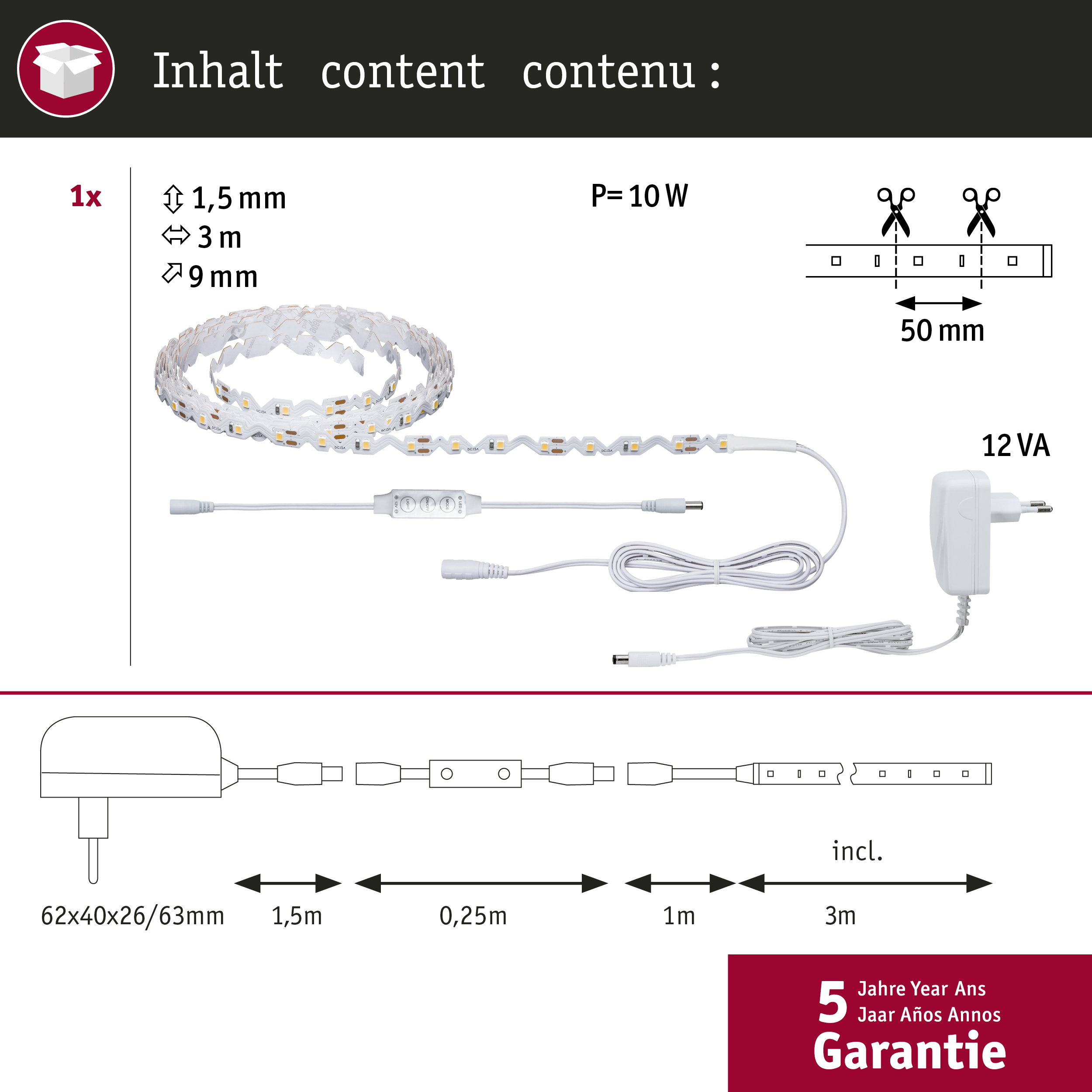 LED-Streifen mit Netzteil und Zubehör, Maße 1,5 mm x 3 m x 9 mm.
