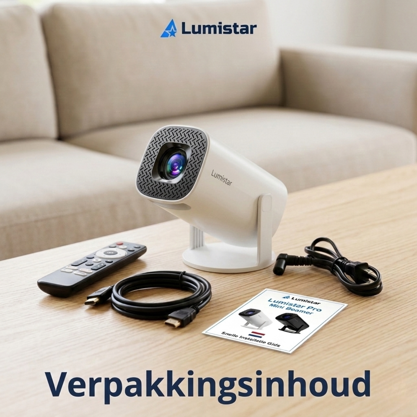 A white mini projector with remote, HDMI cable, and manual on a wooden table.
