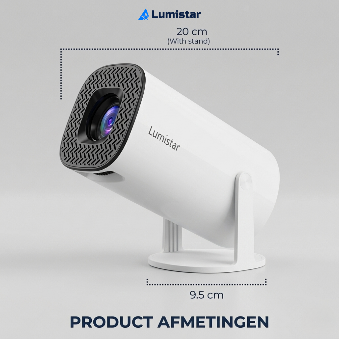 A white Lumistar projector with black grille and stand. Dimensions 20x9.5 cm.