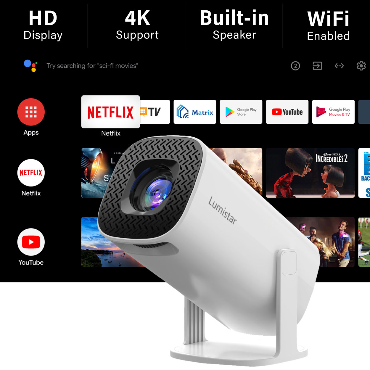 White Lumistar projector displays app icons like Netflix and YouTube on screen.