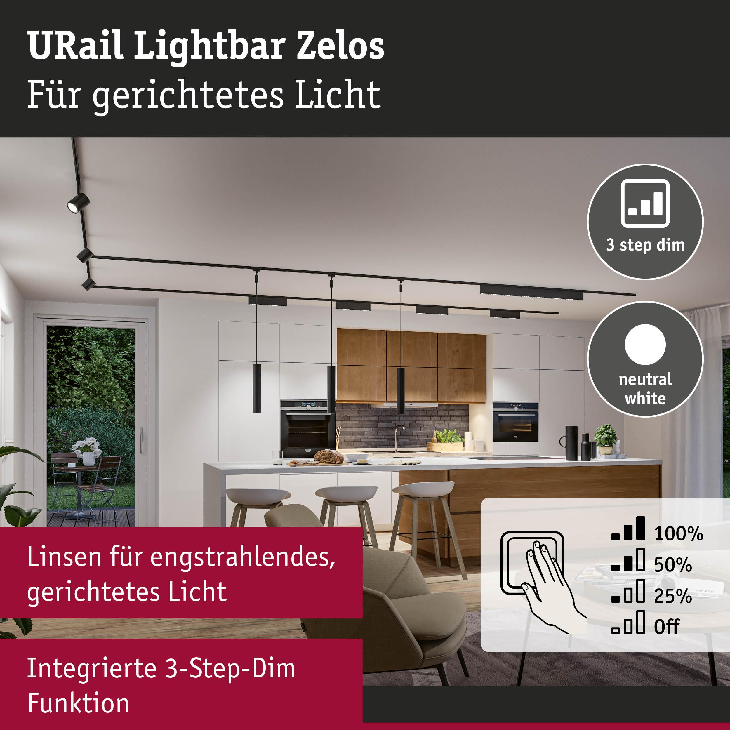 Moderne Küche mit URail Lichtleiste, 3-Stufen-Dimmfunktion und neutralweißem Licht.
